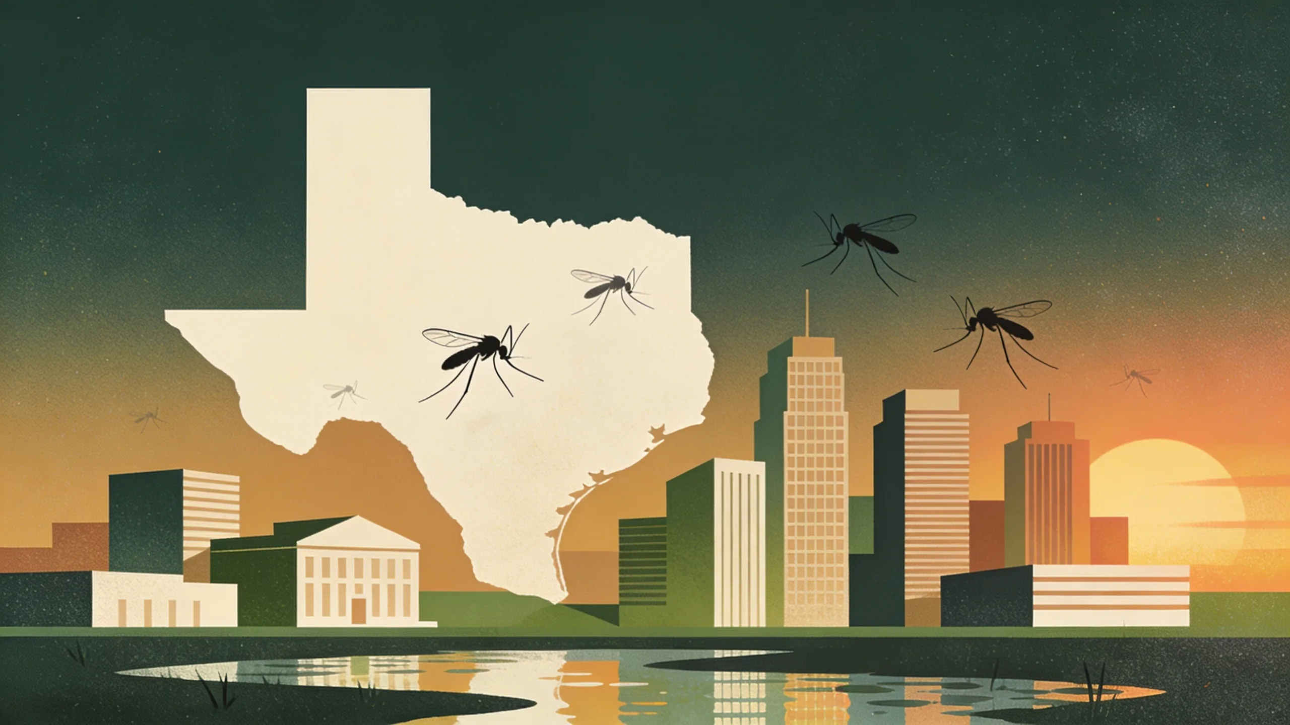 Abstract illustration of mosquito silhouettes over a Texas cityscape with warm amber and olive green tones