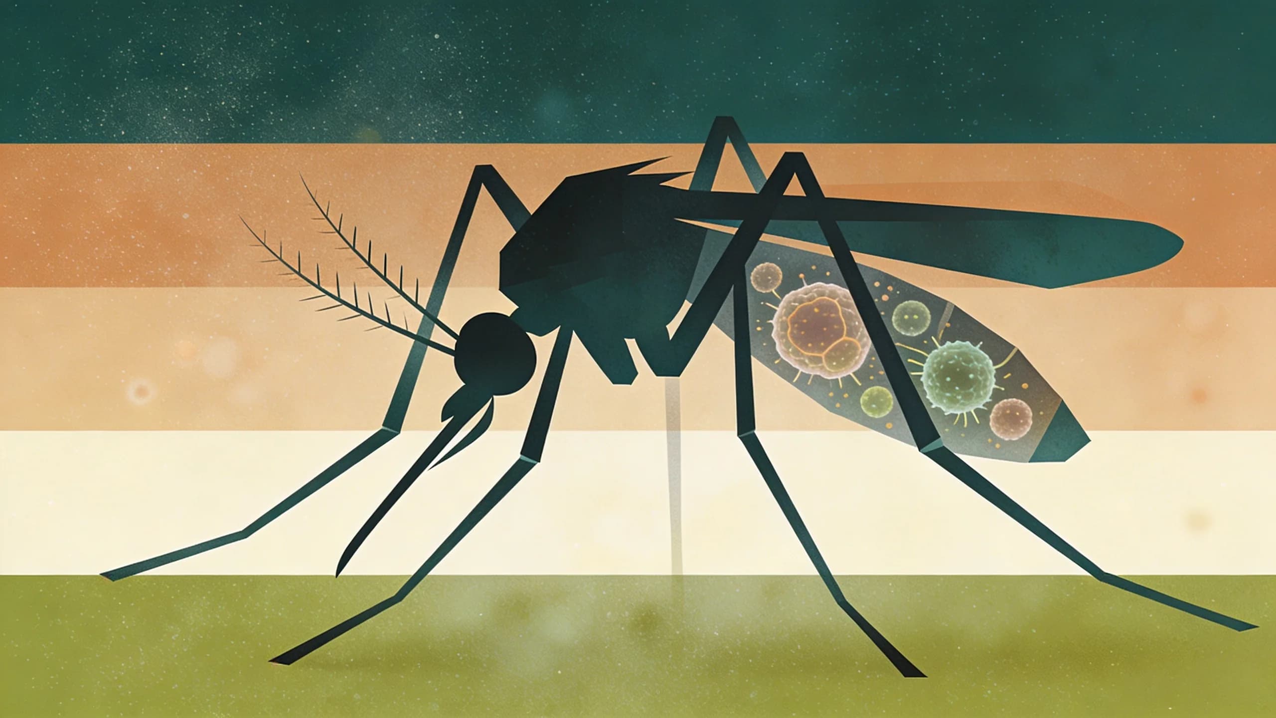 Abstract illustration of mosquito silhouette with geometric cellular patterns representing Wolbachia bacteria