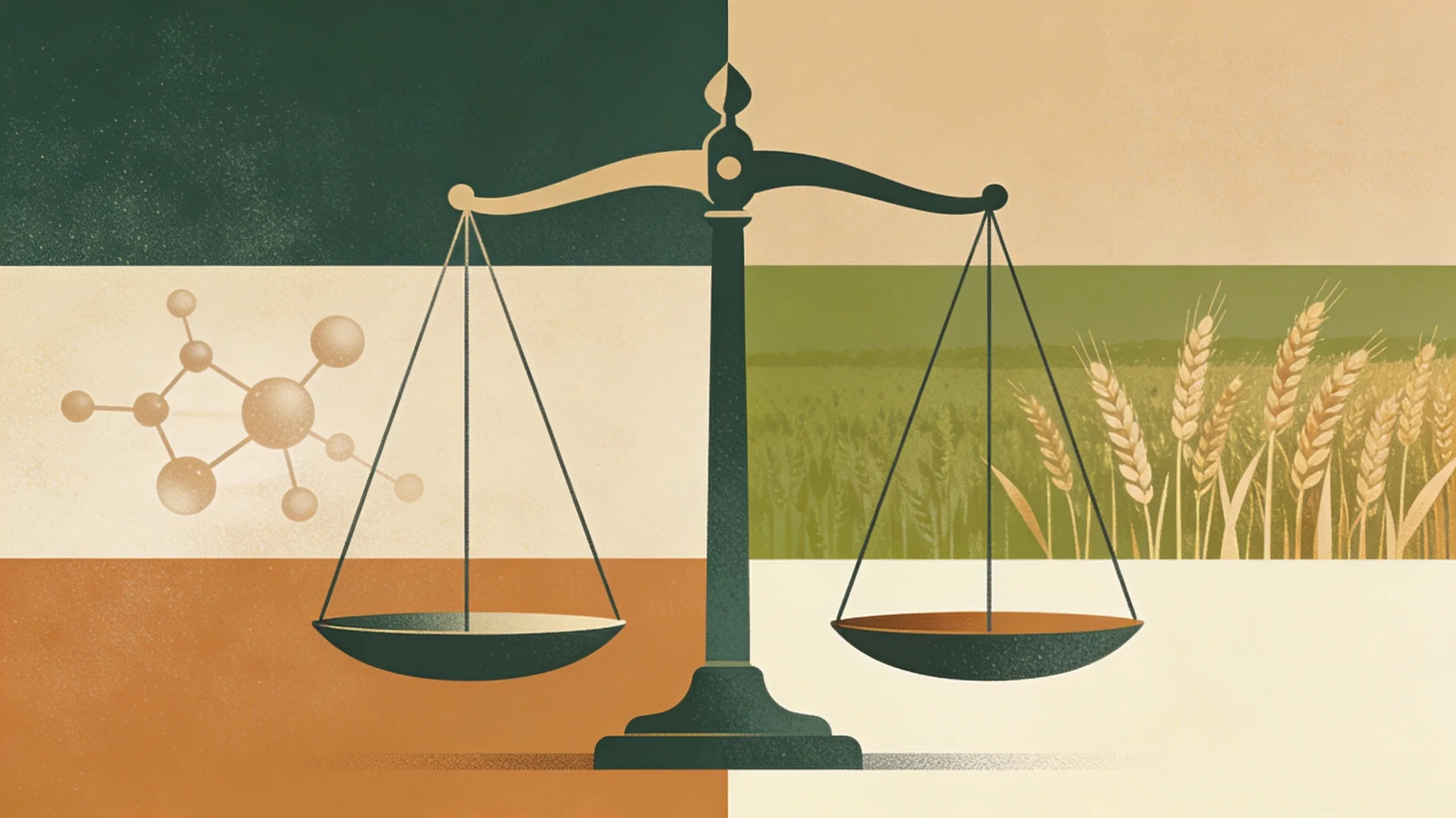 Abstract illustration of scales of justice with molecular structures and agricultural fields in muted earth tones