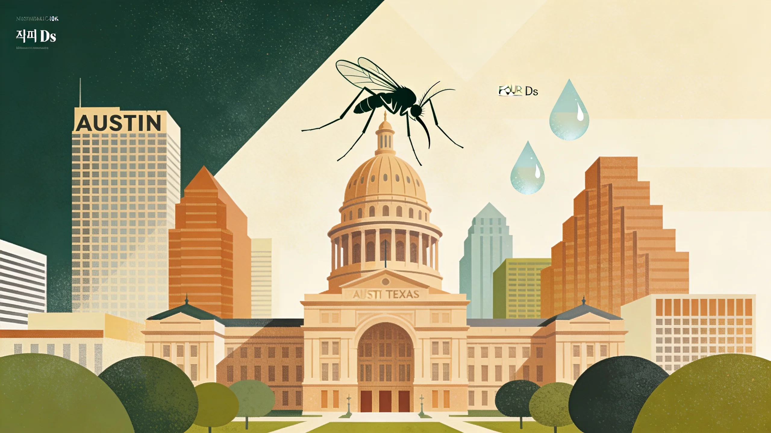 Abstract illustration of mosquito silhouette over Austin cityscape with prevention icons