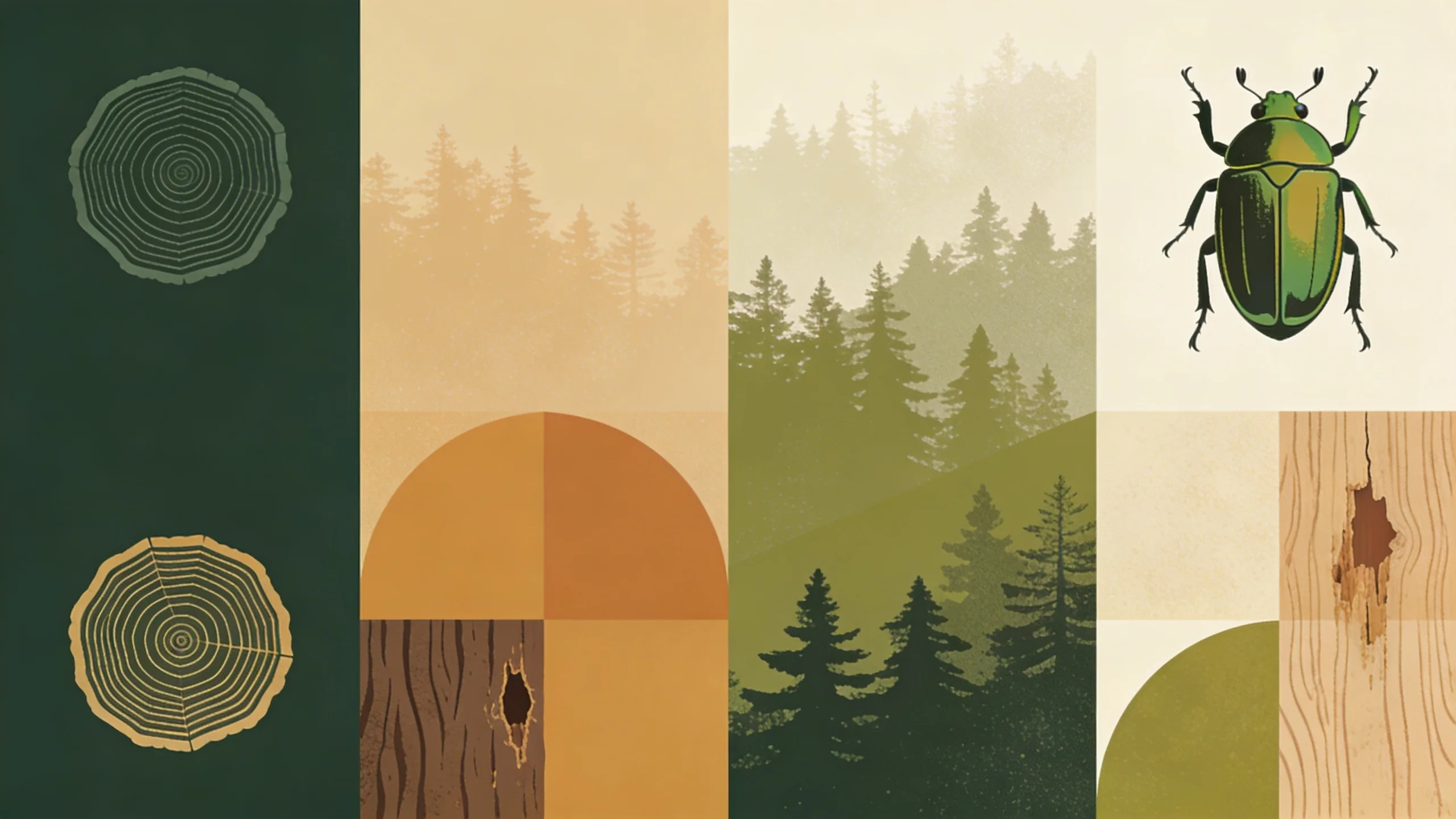 Abstract geometric illustration of emerald ash borer beetle patterns with tree rings and forest textures