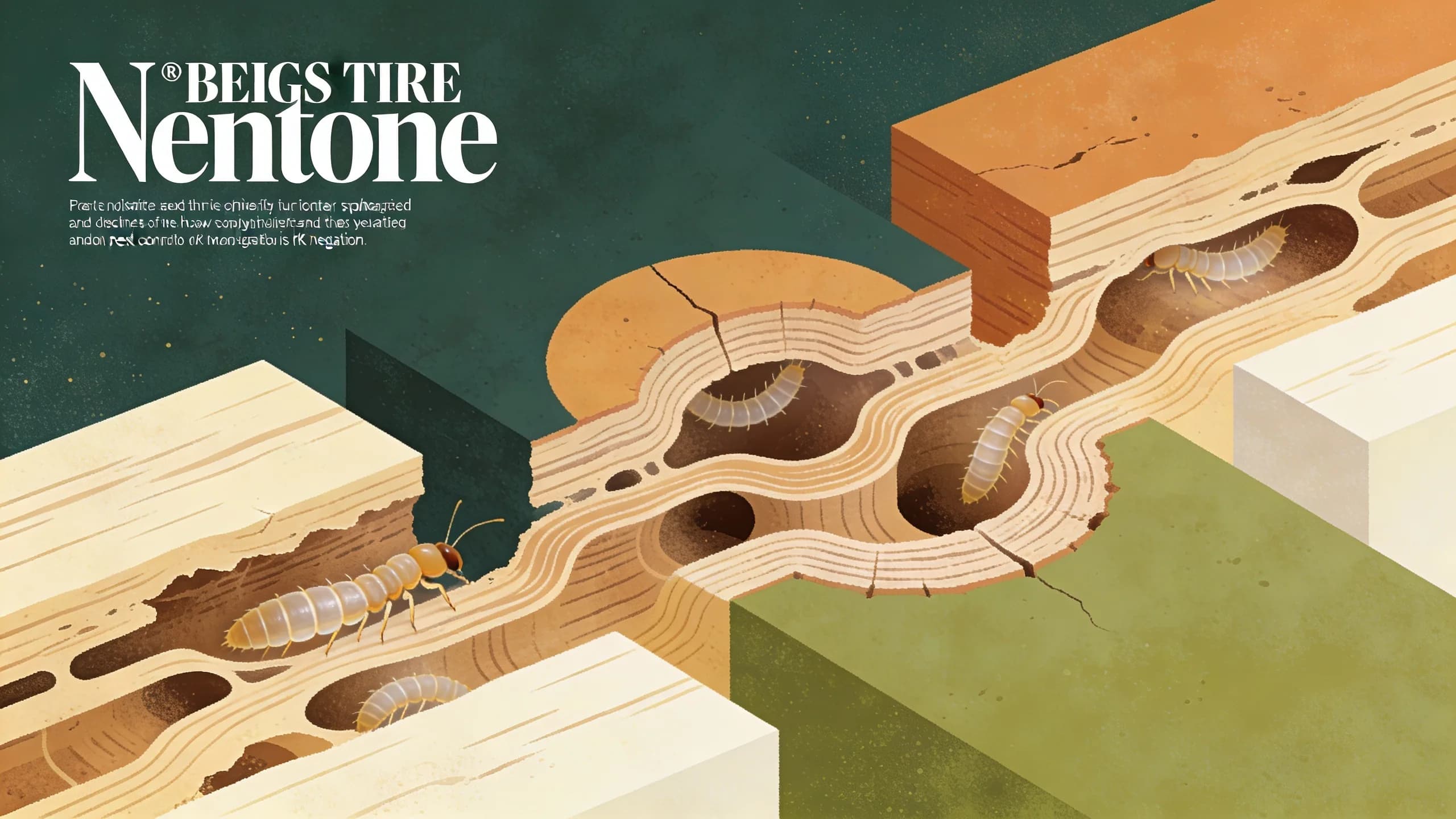 Abstract illustration of termite colony structure with geometric wood grain patterns in muted earth tones