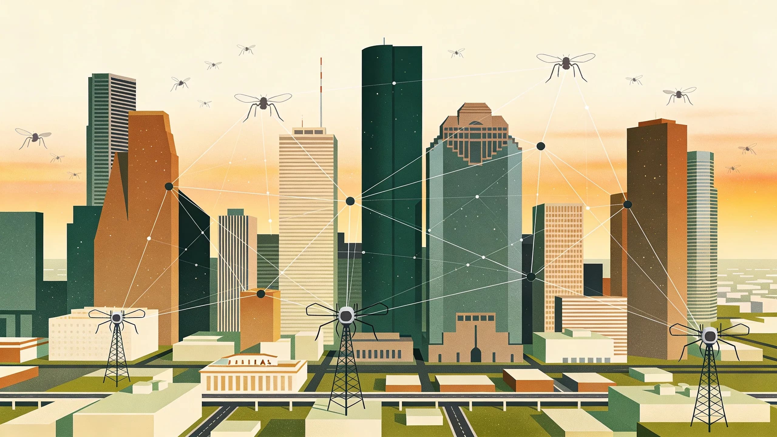 Abstract geometric illustration of mosquito surveillance network over Dallas skyline with medical monitoring elements