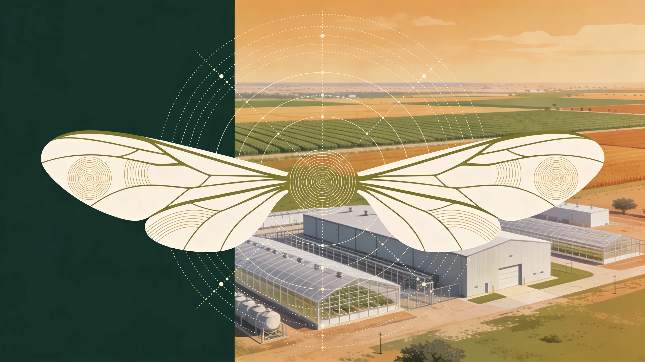 Abstract geometric illustration of sterile fly production facility with Texas landscape and agricultural elements