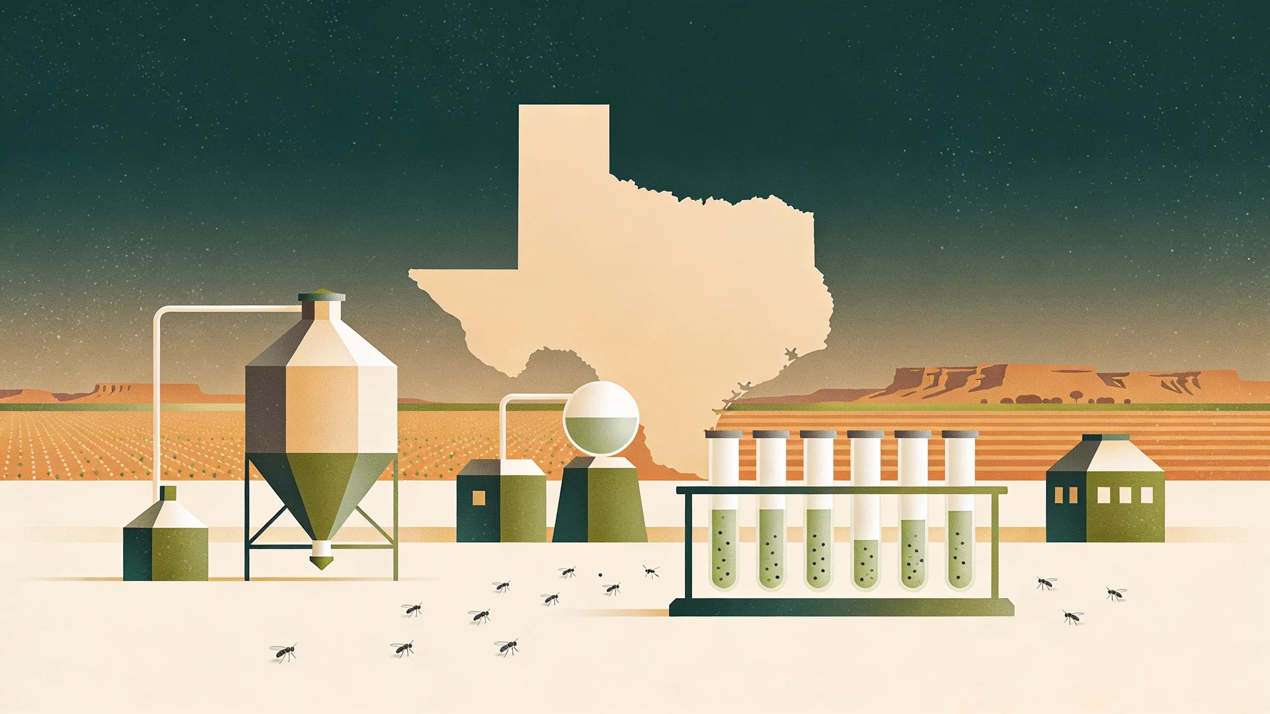 Agricultural facility with sterile fly production equipment and Texas landscape