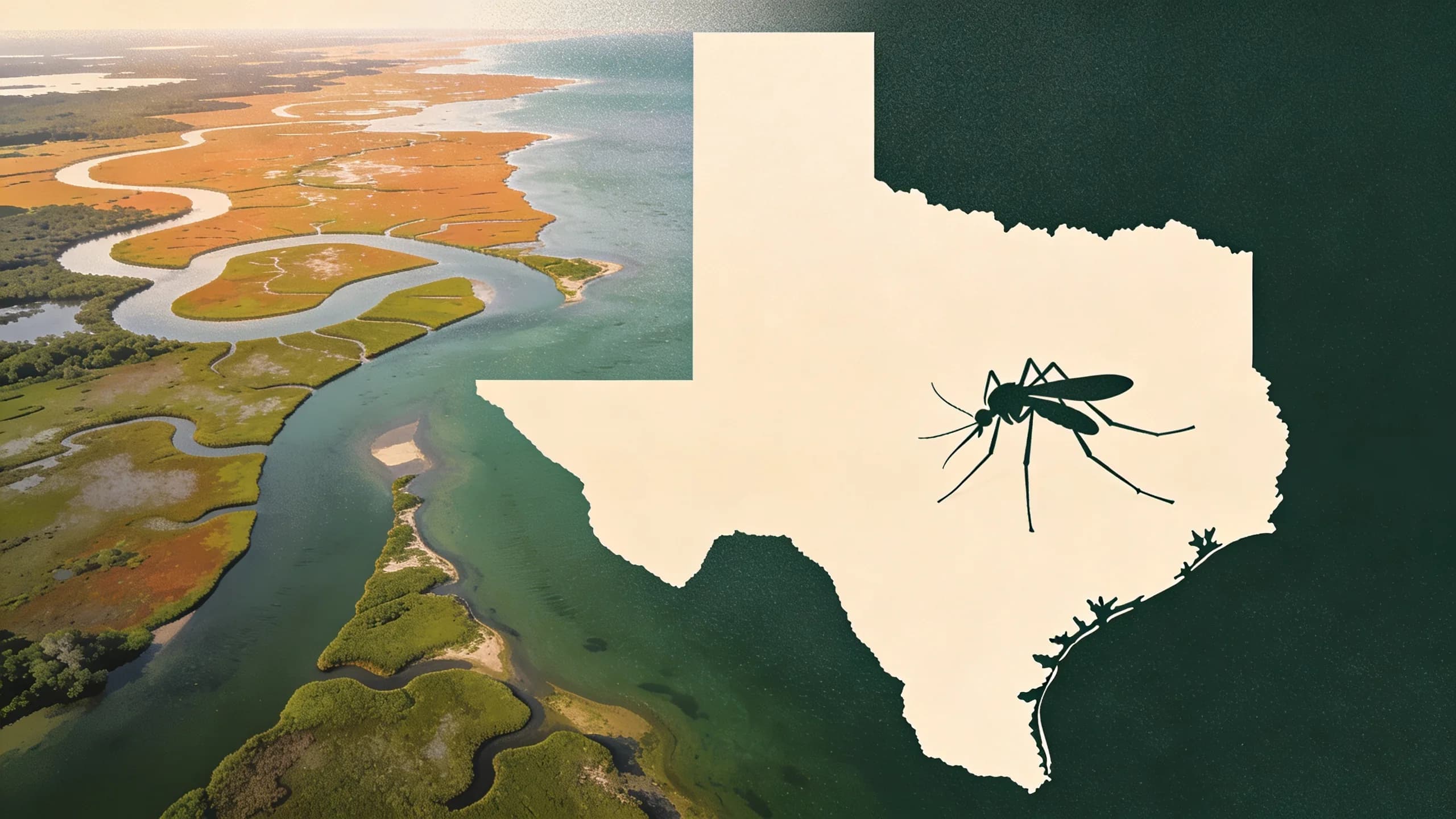 Aerial view of coastal Texas landscape with geometric marsh patterns and subtle mosquito silhouette overlay
