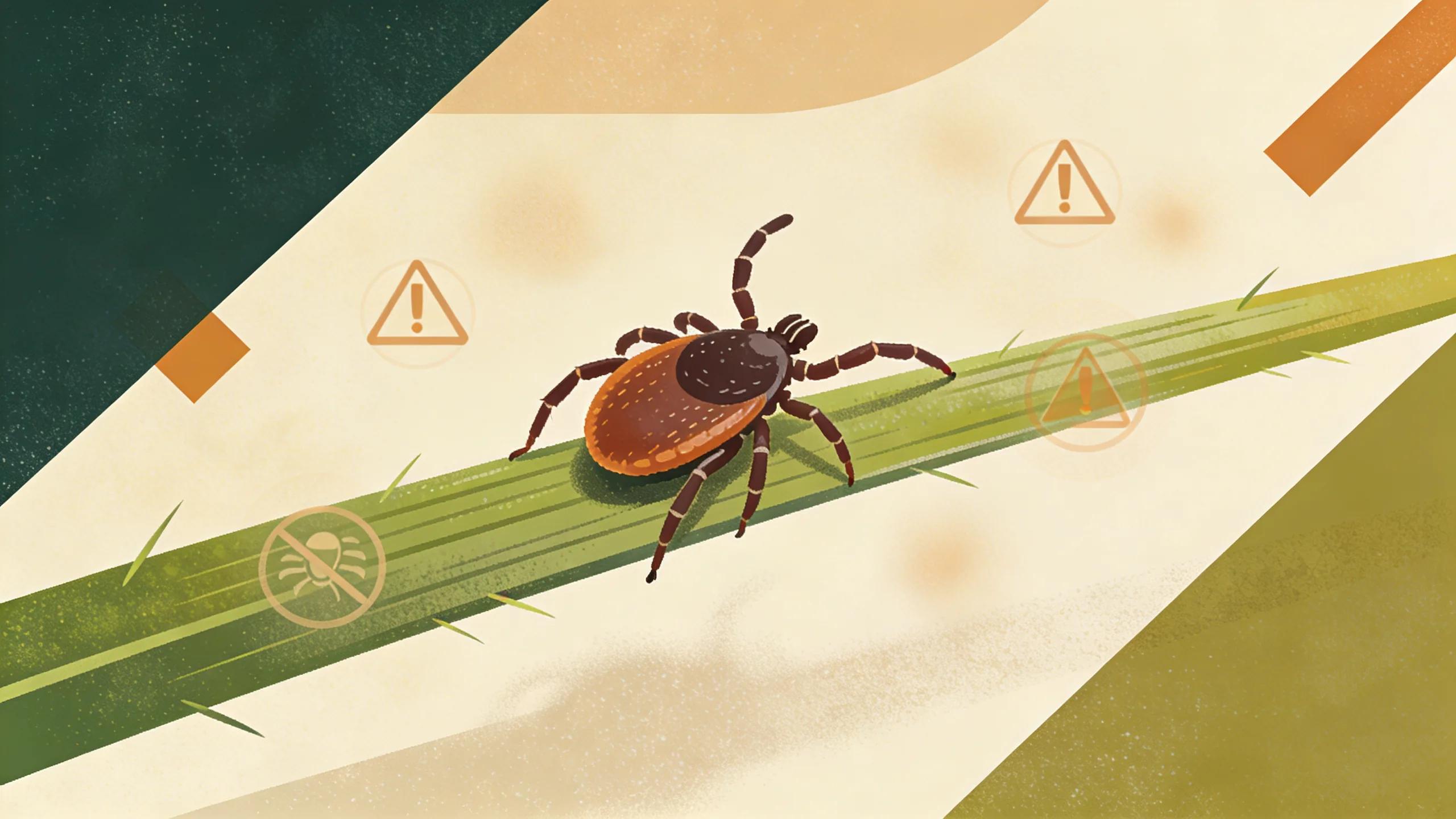 Microscopic view of a tick on grass blade with warning indicators, muted earth tones
