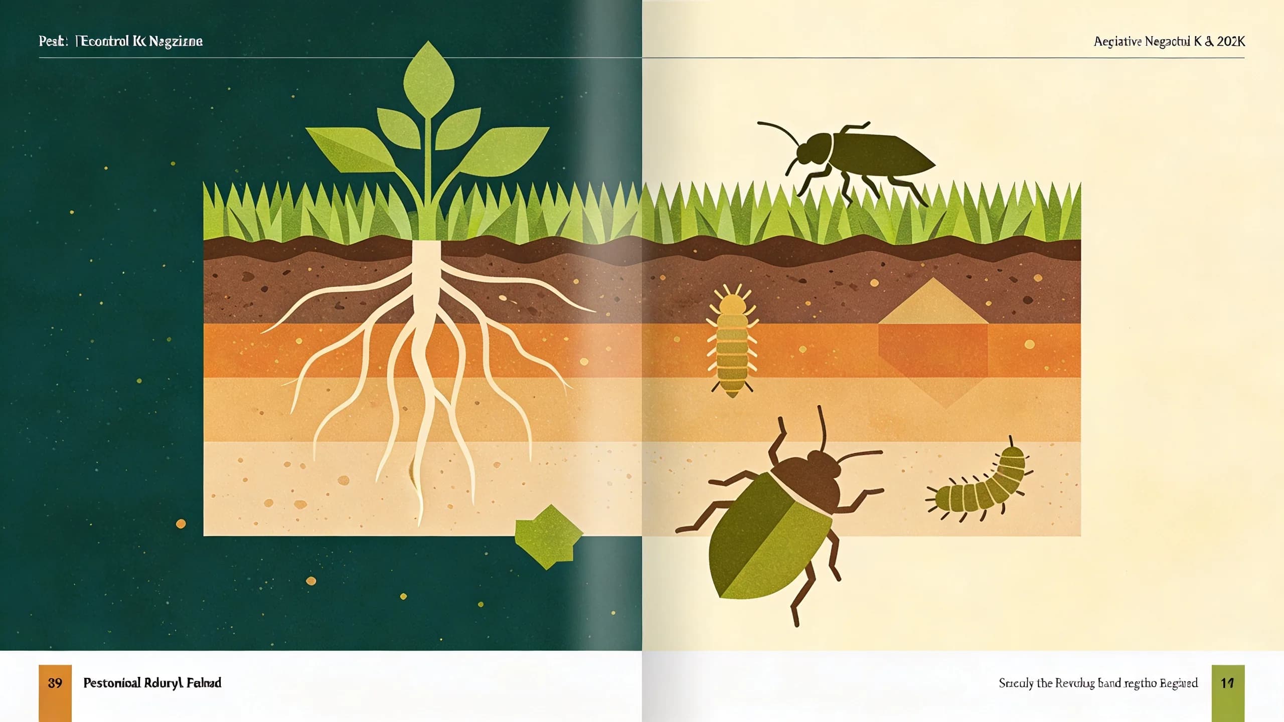 Abstract illustration of lawn cross-section showing grass roots and soil with geometric pest silhouettes