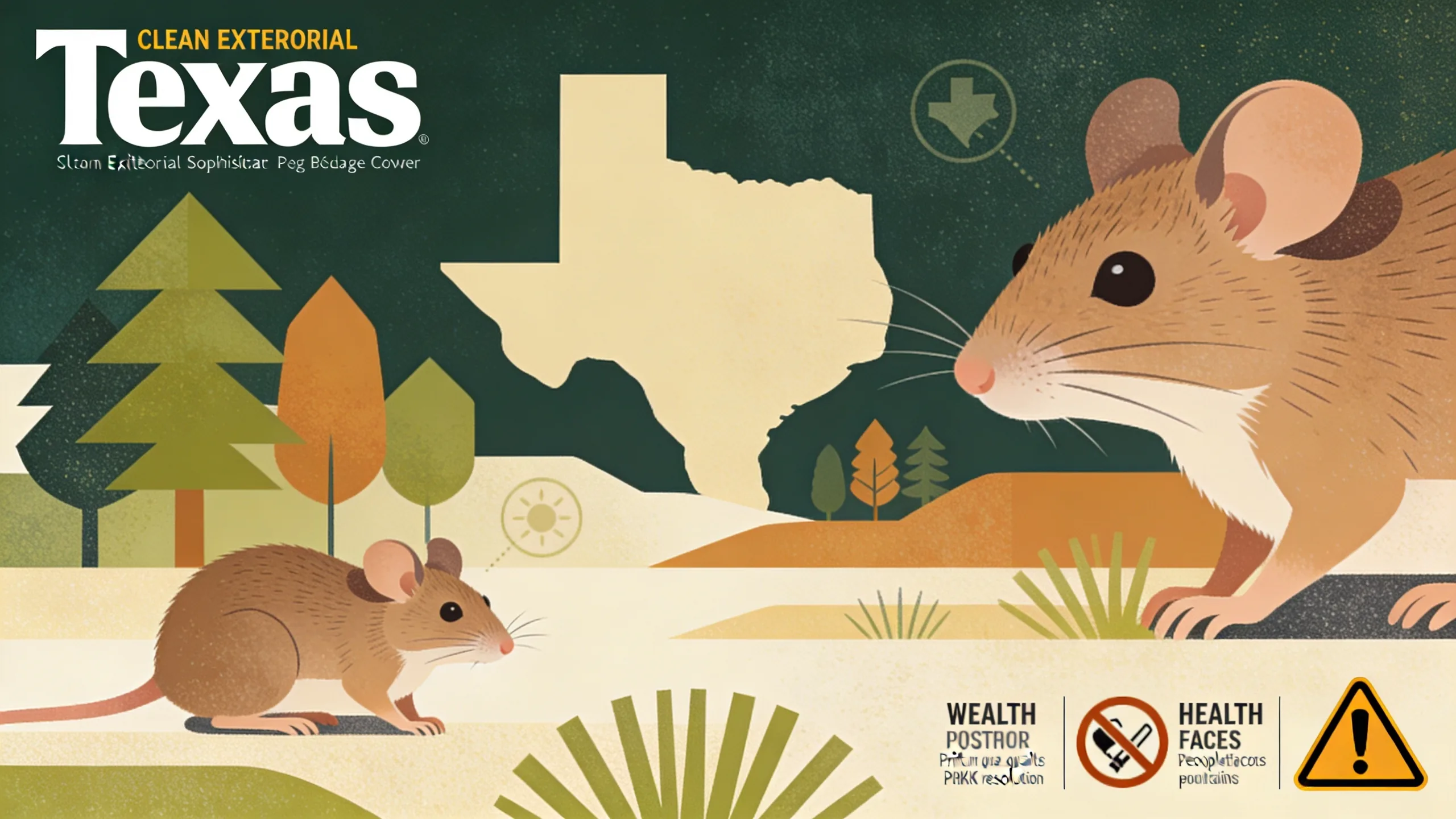 Abstract illustration of wild rodents in a natural Texas landscape with warning indicators