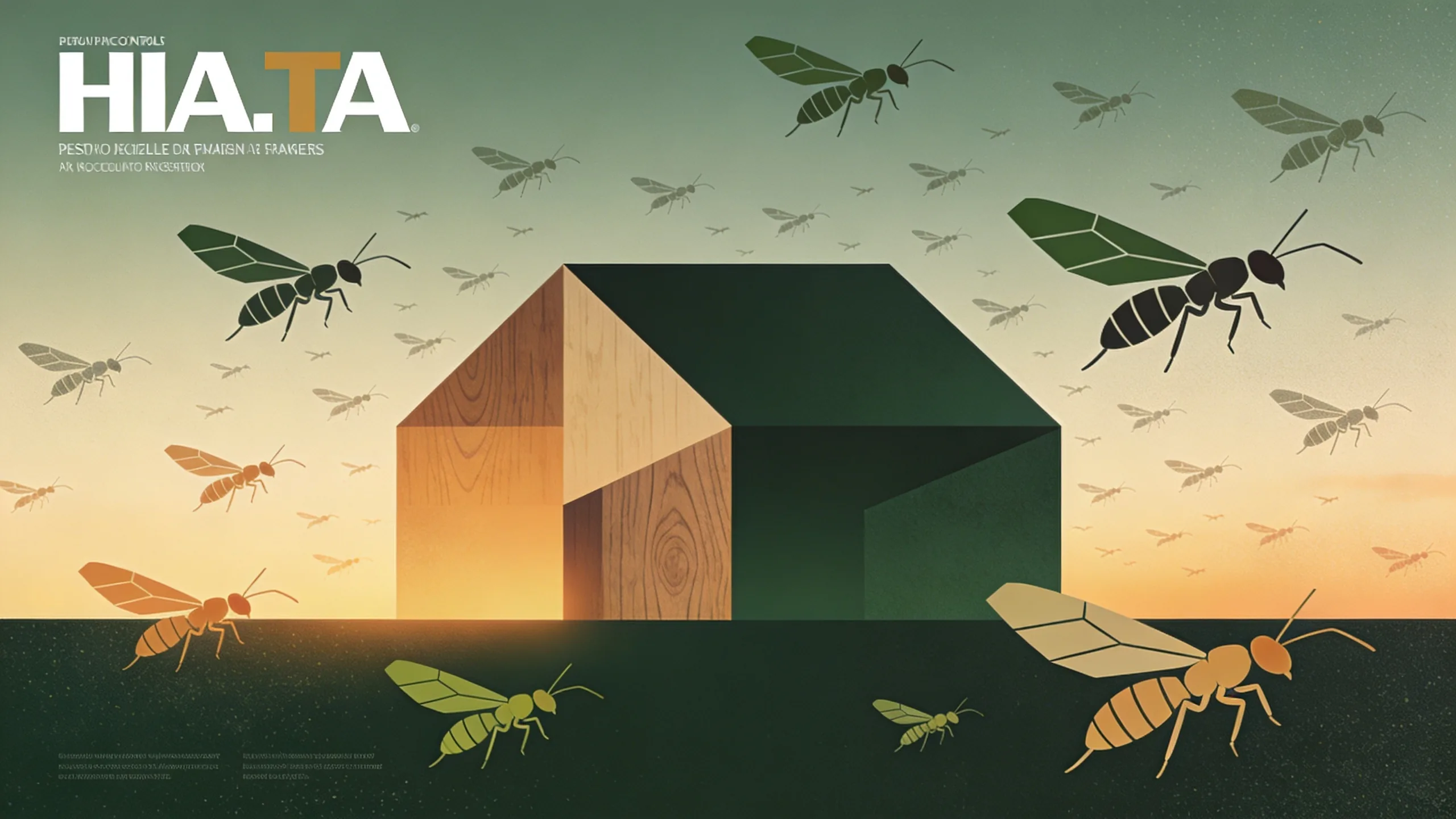 Abstract illustration of termite swarm patterns around a house silhouette at dusk