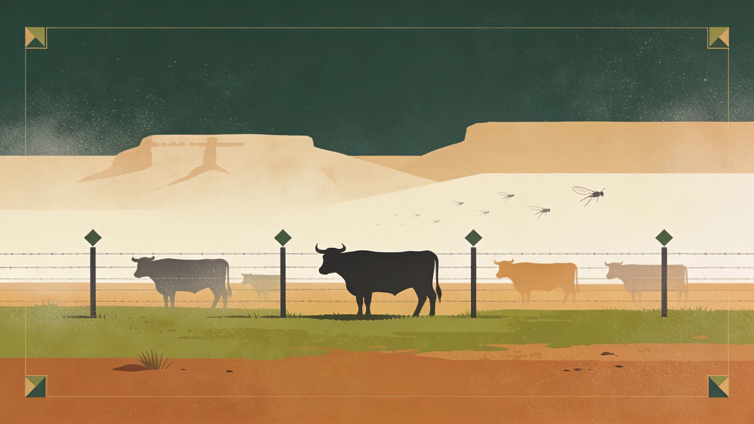 Abstract illustration of cattle in a fenced landscape with geometric shapes suggesting border proximity and vigilance