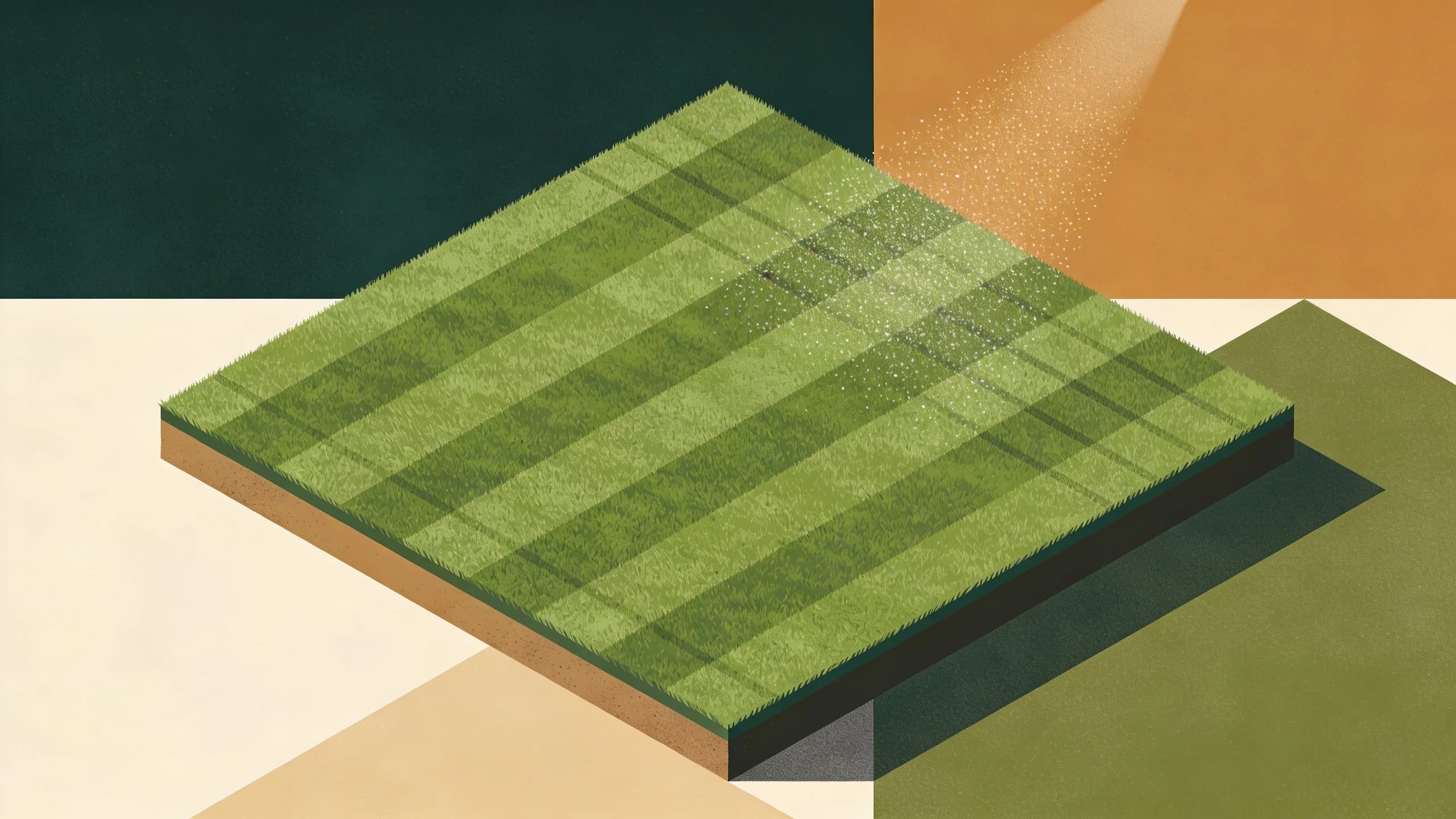 Geometric illustration of a manicured turfgrass field with subtle pesticide application patterns and educational symbols