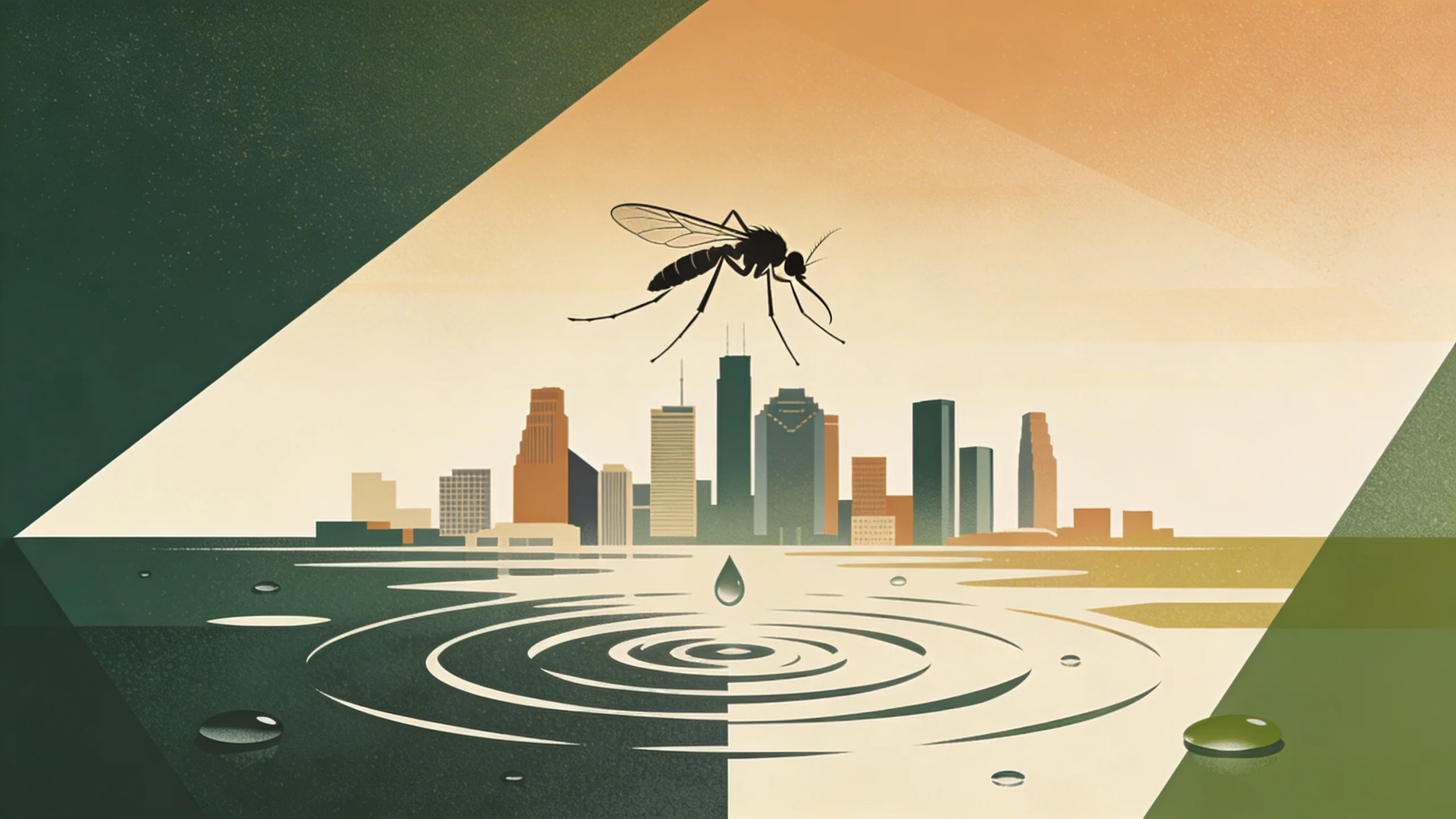 Abstract illustration of mosquito silhouette over Houston skyline with water droplets and geometric patterns