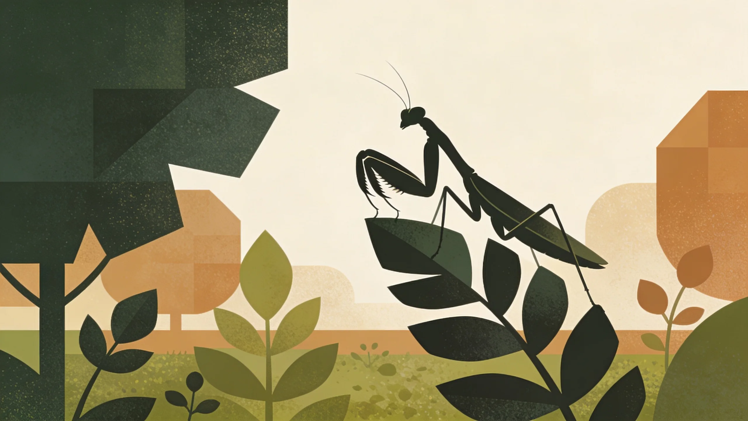 Praying mantid perched on garden foliage showing distinctive raptorial forelegs folded in characteristic hunting posture