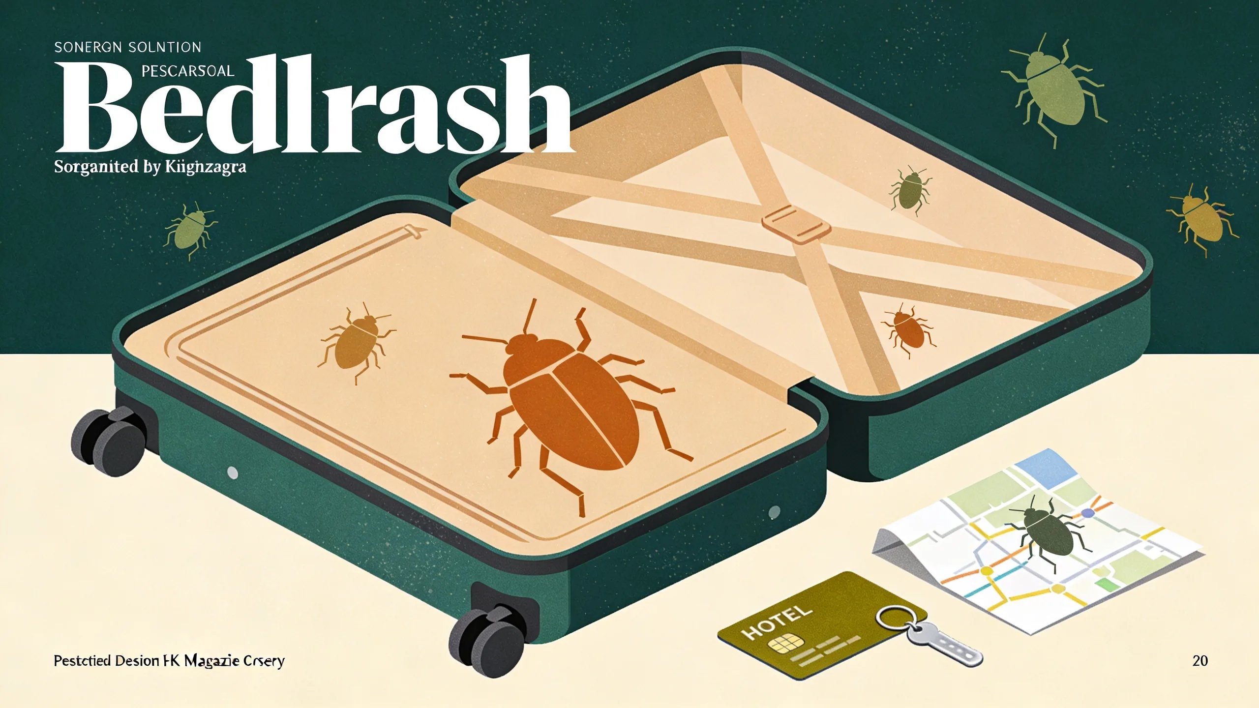 Minimalist illustration of a suitcase with geometric bed bug silhouettes and travel elements in earthy tones