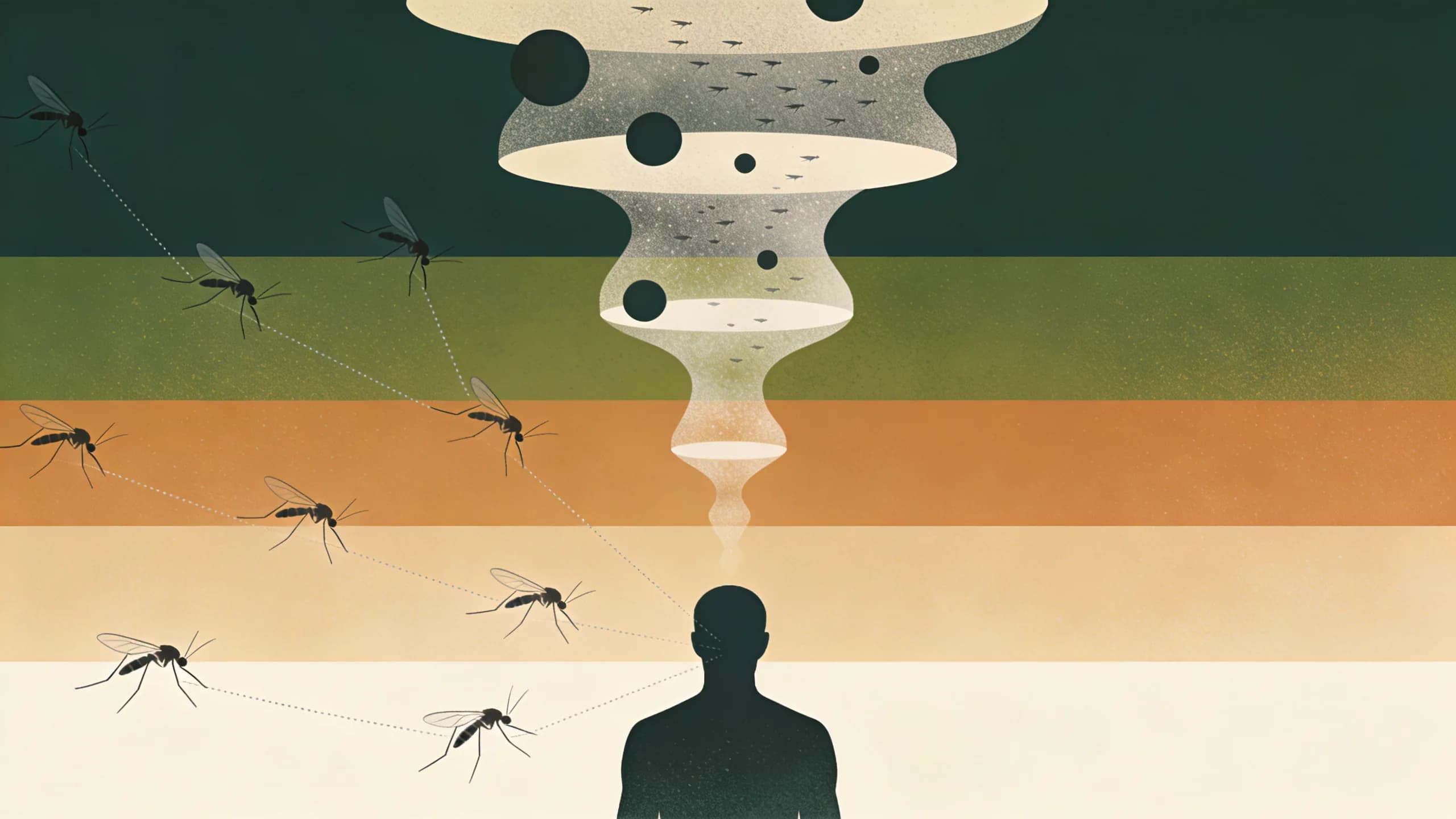 Abstract visualization of mosquito flight patterns around a human silhouette with CO2 plumes