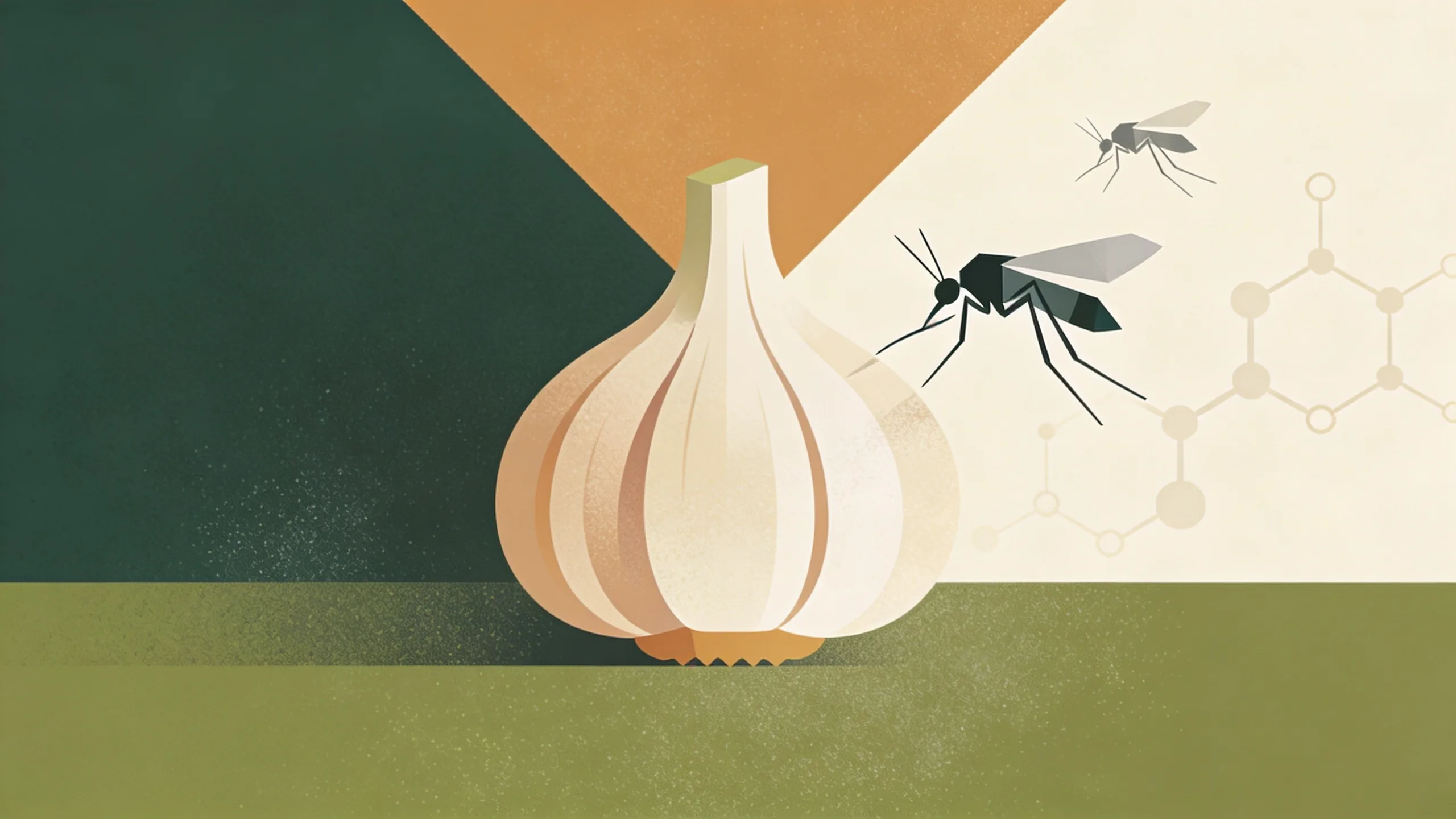 Minimalist illustration of garlic bulb with abstract mosquito silhouettes and molecular structures in earthy green and amber tones