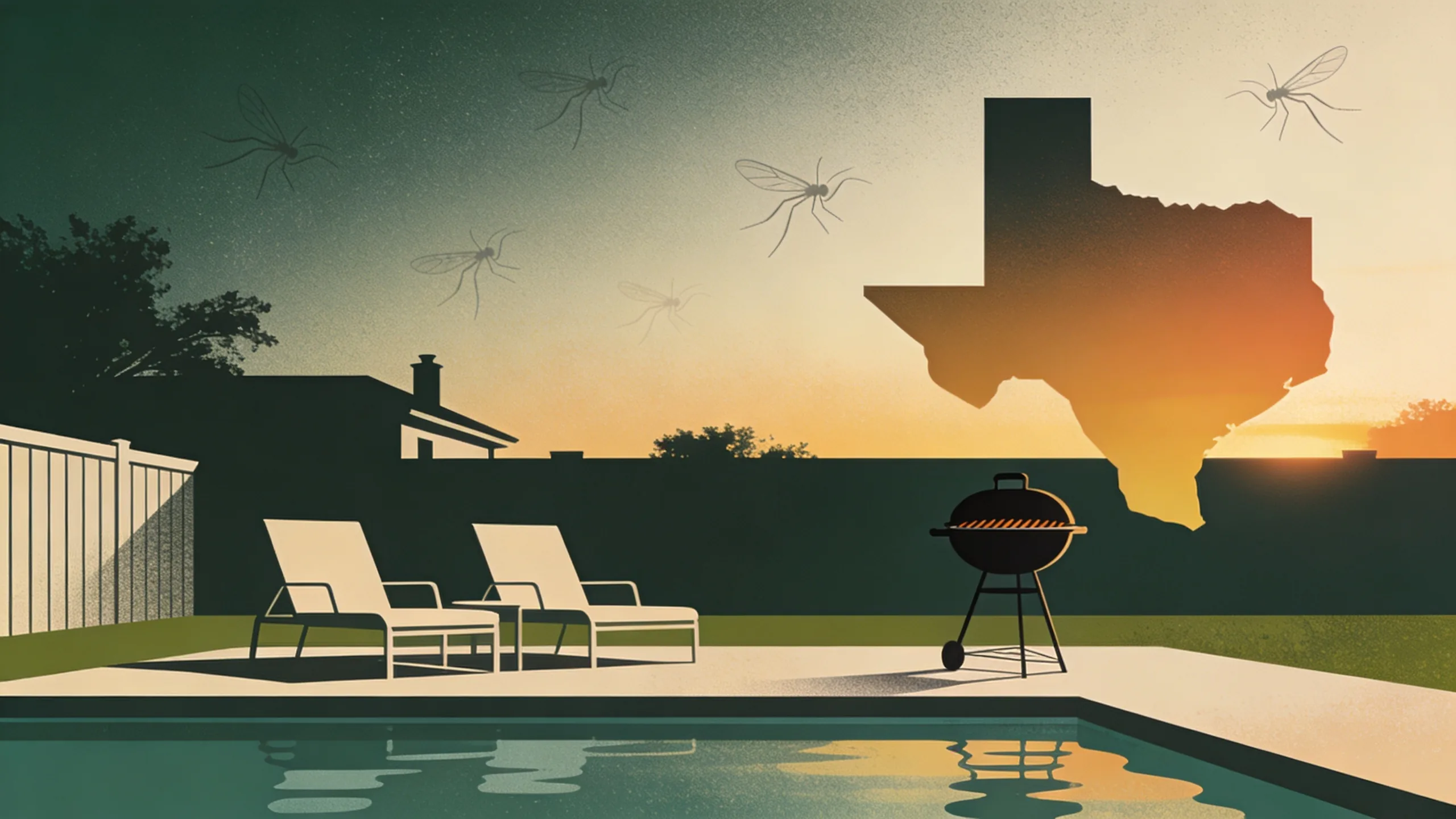 Minimalist illustration of mosquito hovering over a Texas backyard barbecue scene with warm amber and forest green tones