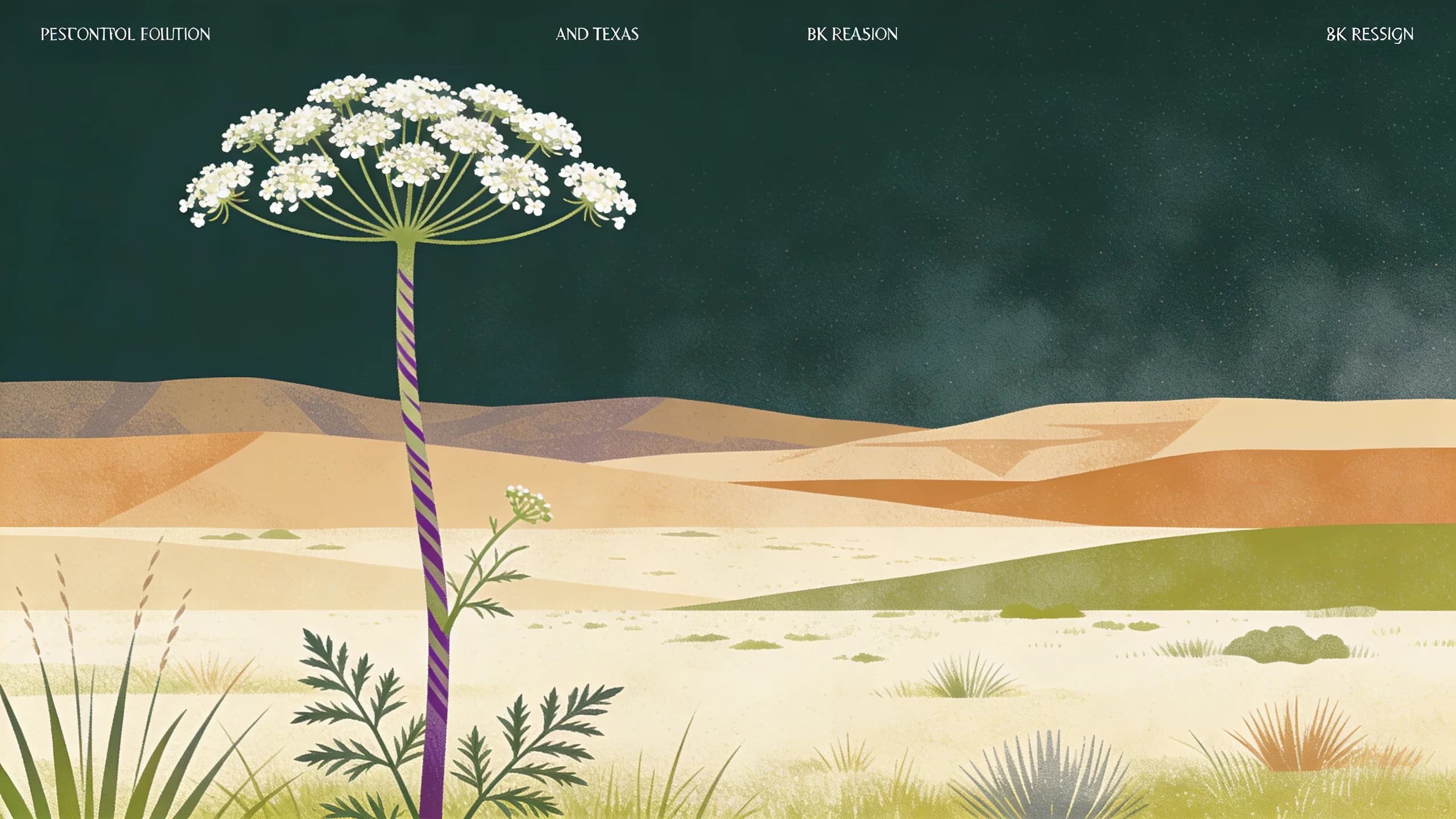 Minimalist editorial illustration of a tall hemlock plant with purple-streaked stem and white flower clusters against a muted green and cream background