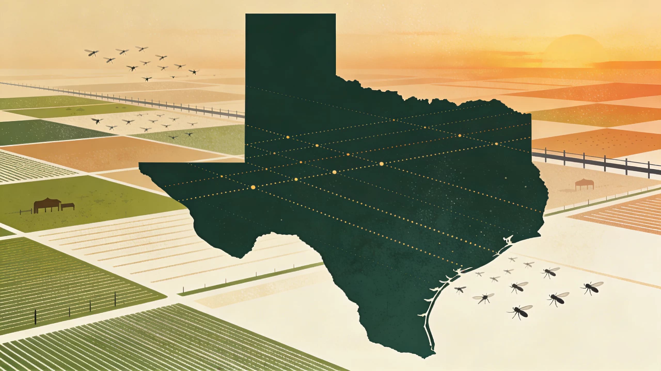 Geometric illustration of sterile fly dispersal pattern over Texas-Mexico border region with warm amber and forest green tones