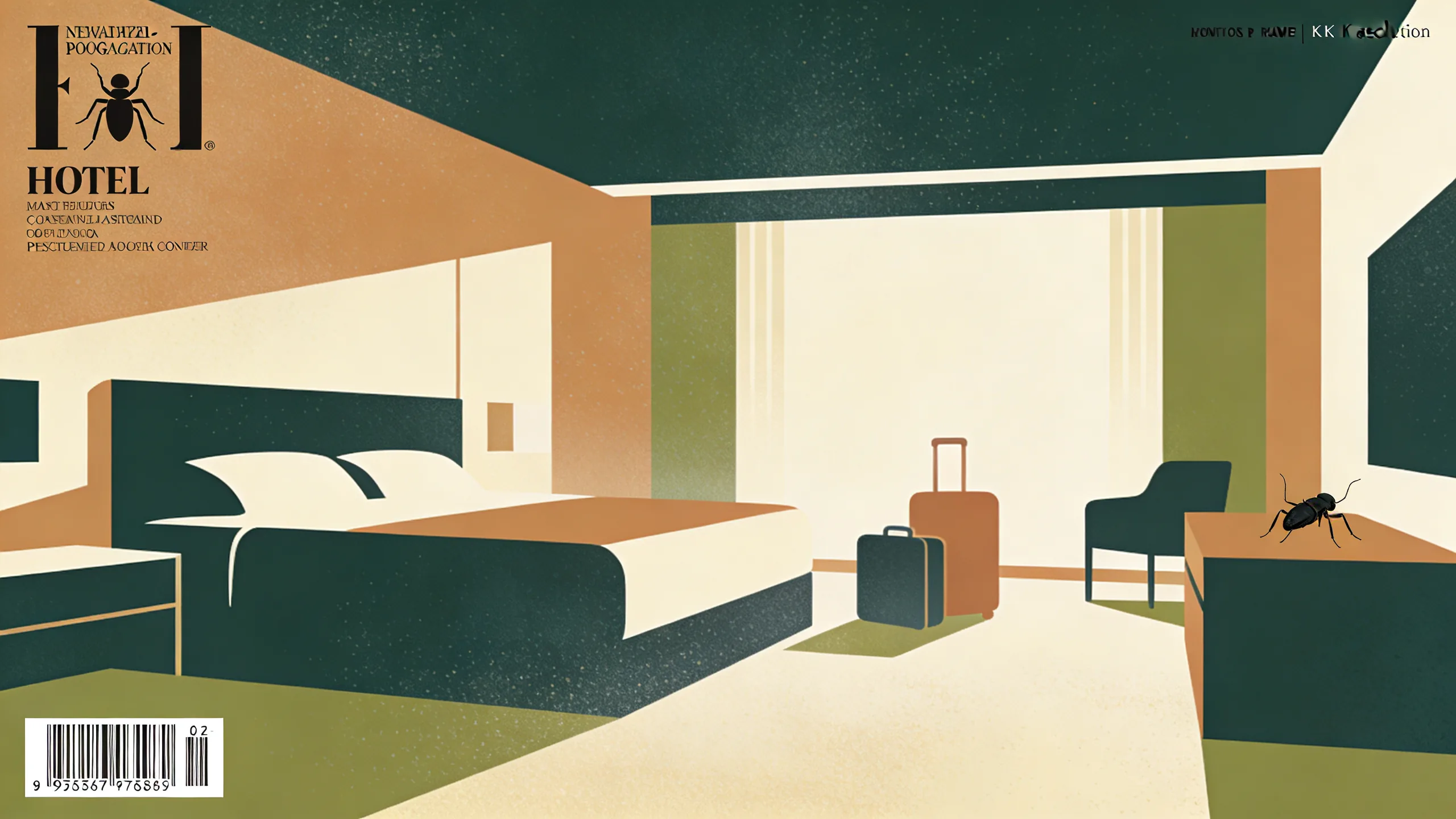 Minimalist geometric illustration of a hotel room interior with bed and luggage in muted olive and cream tones