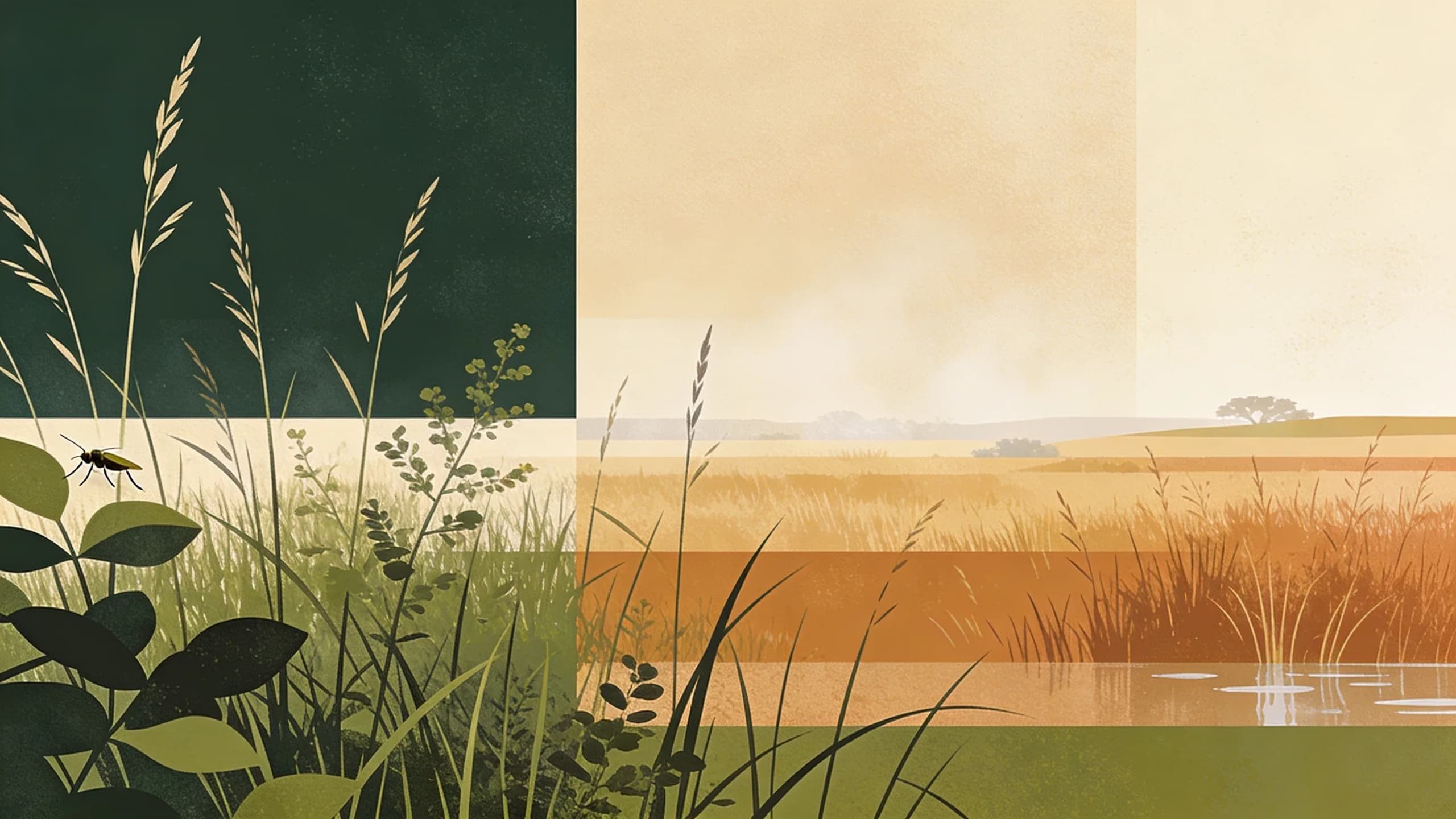 Geometric illustration of tall grass and foliage in earthy olive and tan tones suggesting outdoor Texas landscape