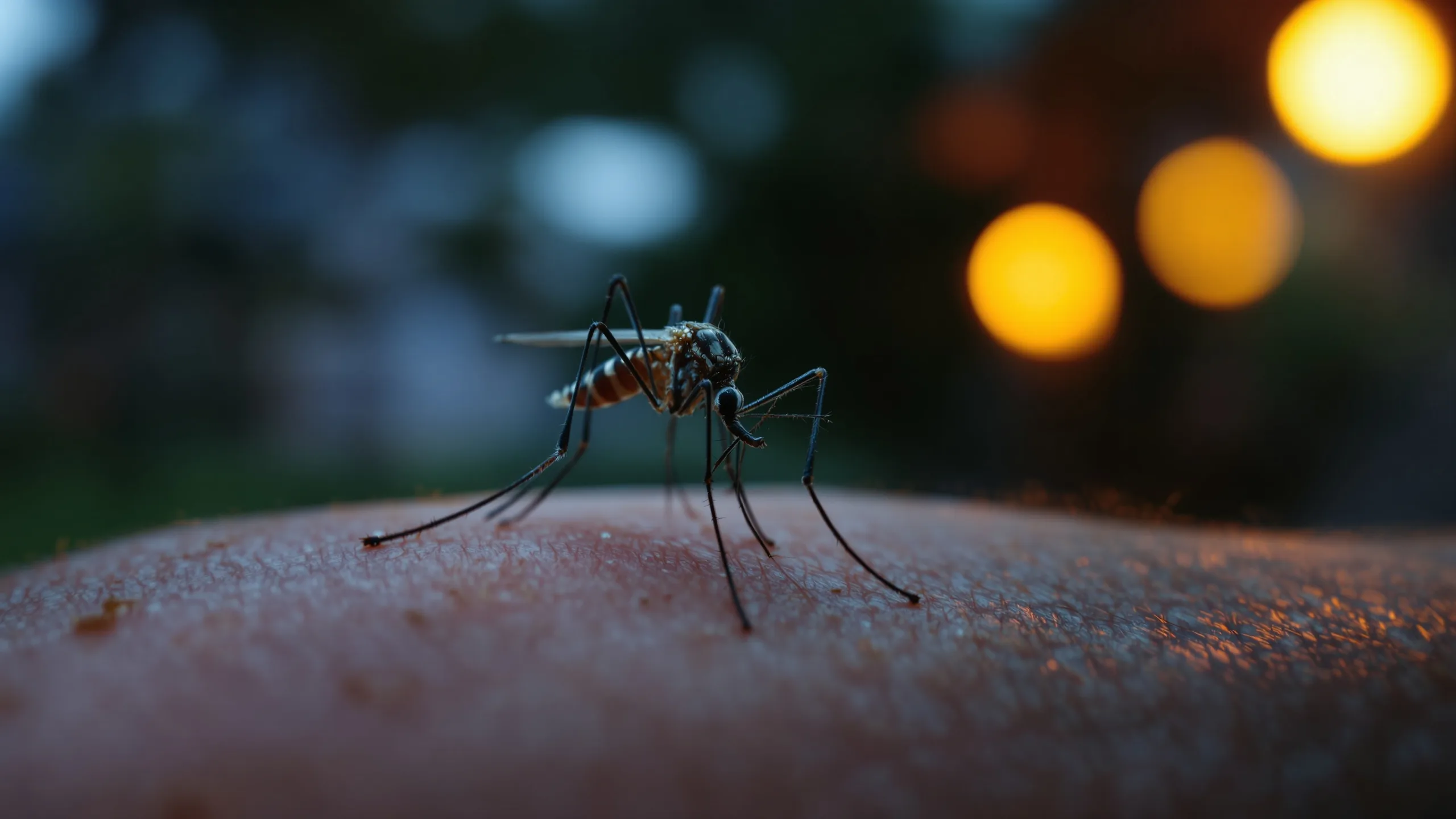Abstract illustration of mosquito silhouette over Houston skyline with medical alert symbols