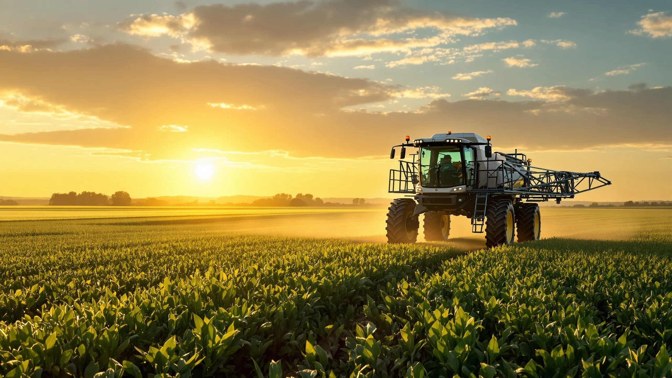 Minimalist editorial illustration of a tractor spraying crops with abstract geometric patterns representing regulatory barriers