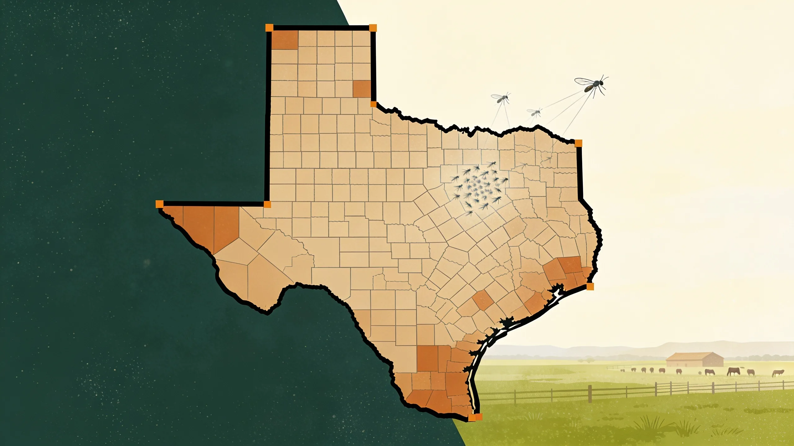 Minimal editorial illustration of a Texas map outline with a quarantine boundary and sterile-fly release symbols over ranchland.