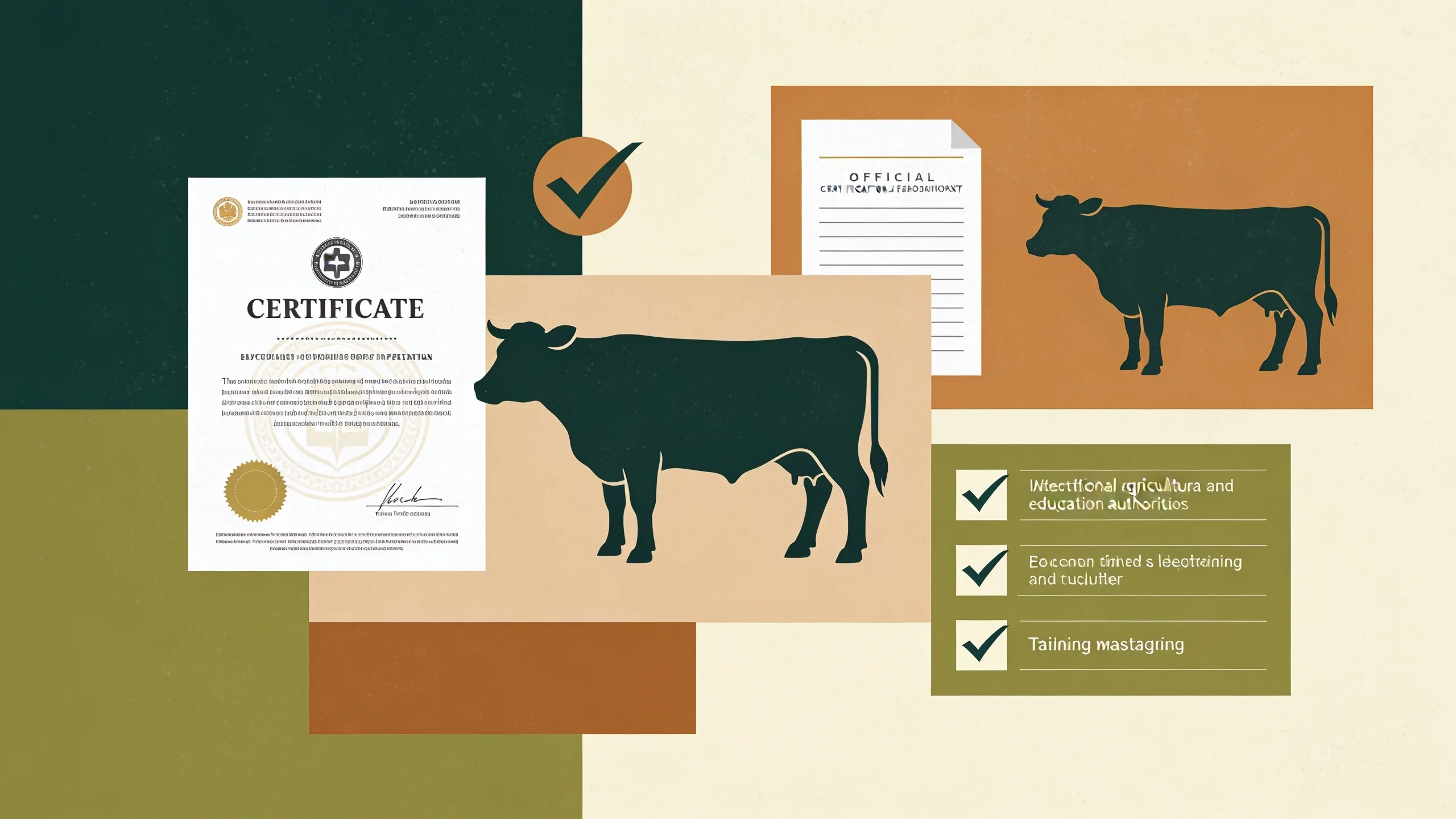 Abstract illustration of livestock inspection and certification process with geometric shapes representing cattle and official documents