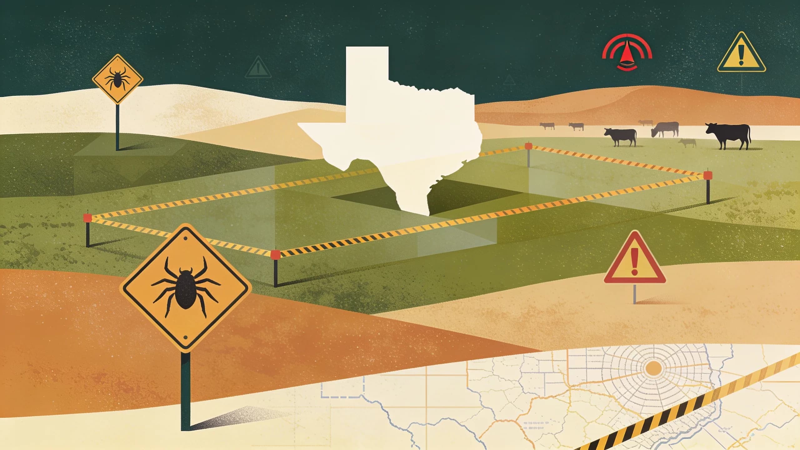 Abstract illustration of Texas landscape with warning zones and livestock quarantine markers in earthy green and amber tones