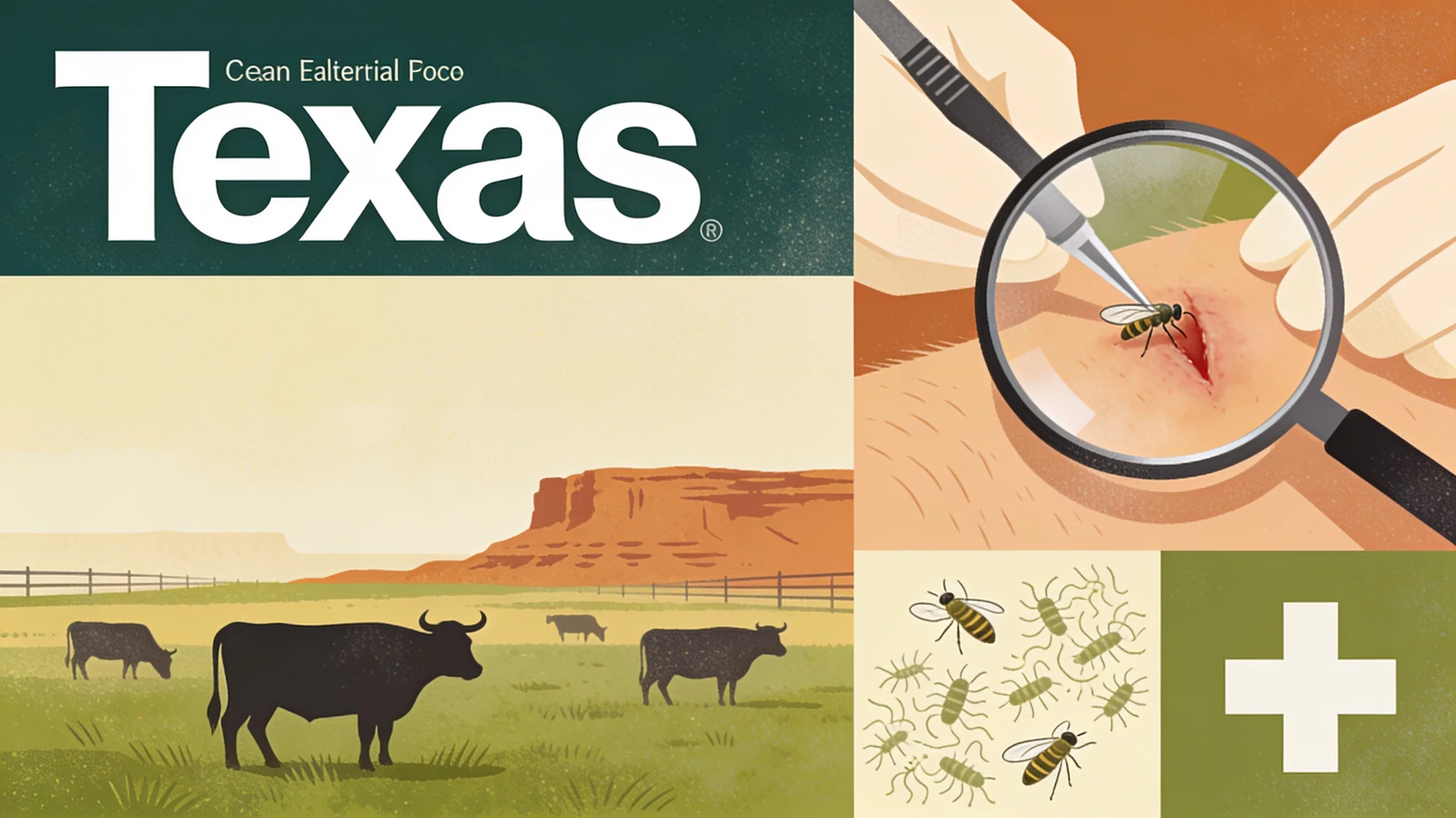 Minimal editorial illustration of Texas ranch with cattle silhouettes and veterinary inspection scene for screwworm awareness