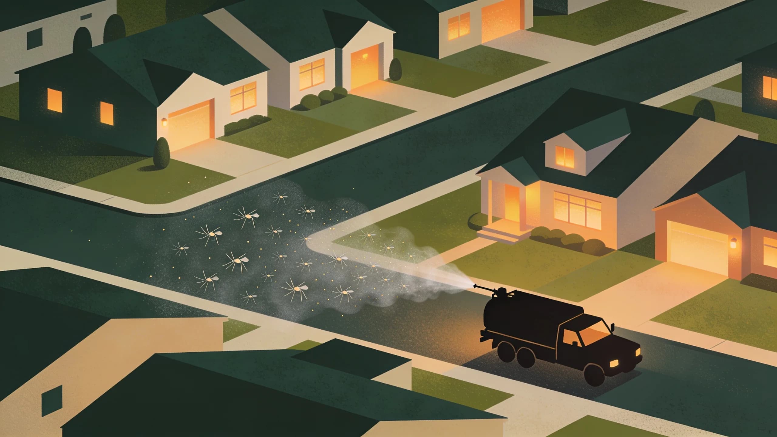 Aerial view of Arlington Texas neighborhood at dusk with vector control truck conducting mosquito spraying operation