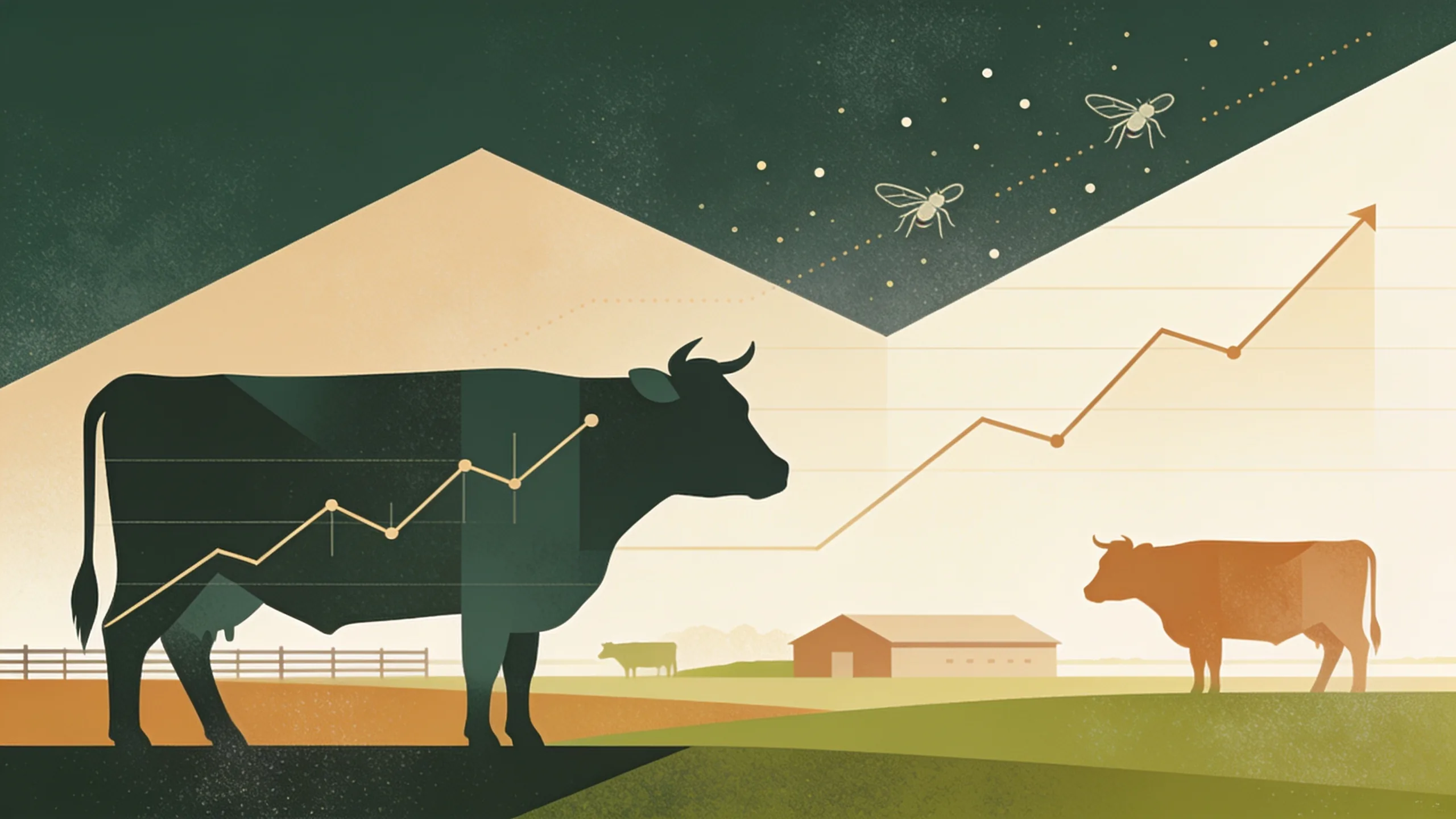 Abstract geometric cattle silhouettes with market chart elements and sterile fly patterns