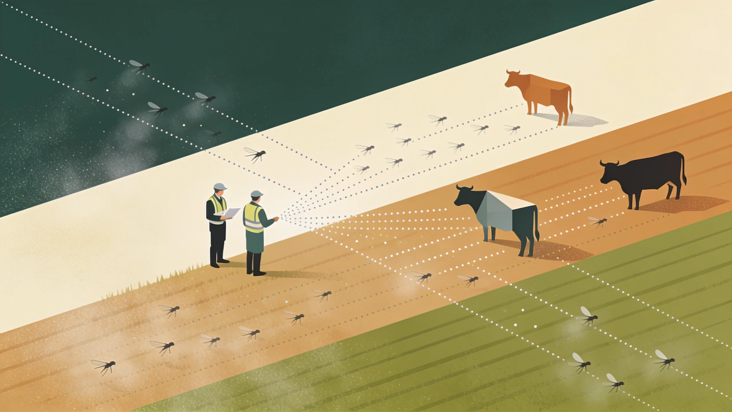Abstract illustration of livestock inspectors in field with sterile fly release patterns