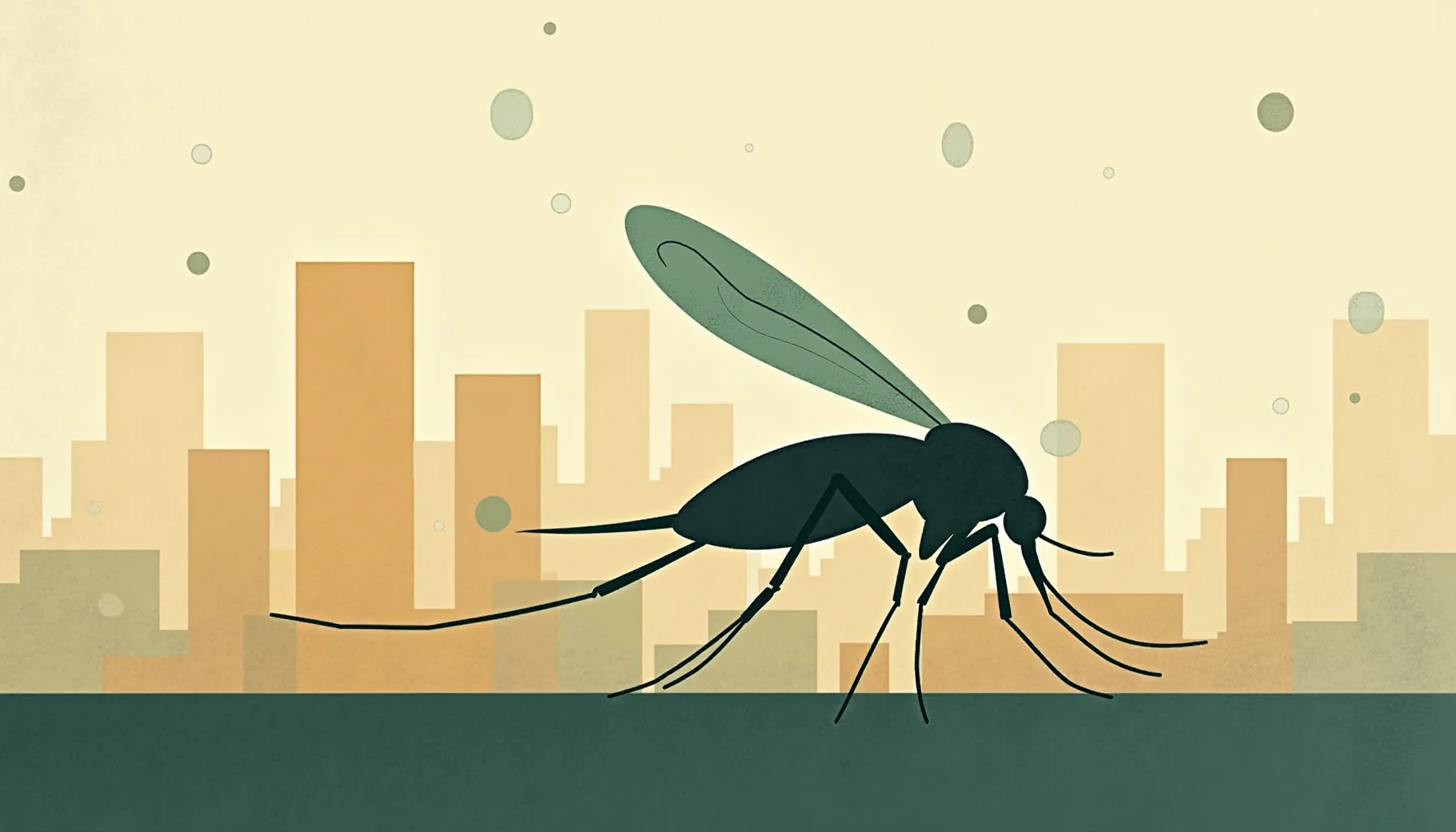 Abstract geometric illustration of mosquito silhouette over Dallas cityscape with spray mist patterns
