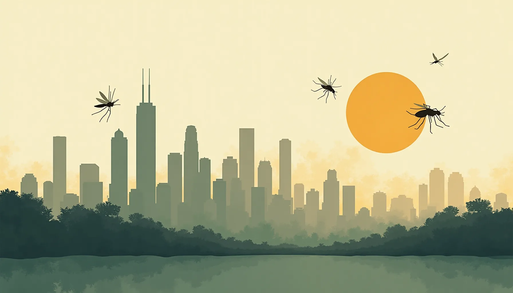 Abstract geometric illustration of Houston skyline with mosquito control spray patterns and water management symbols
