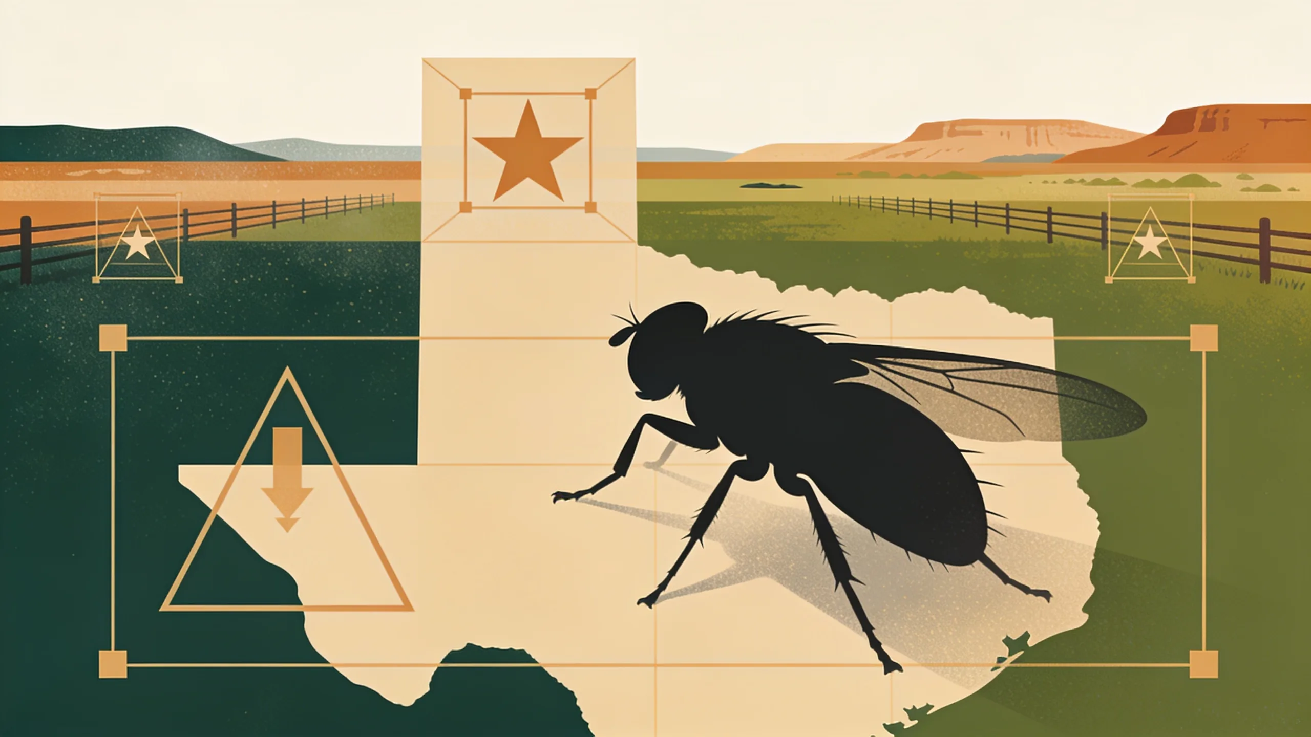 Abstract illustration of a fly silhouette against a Texas landscape with quarantine zone markers