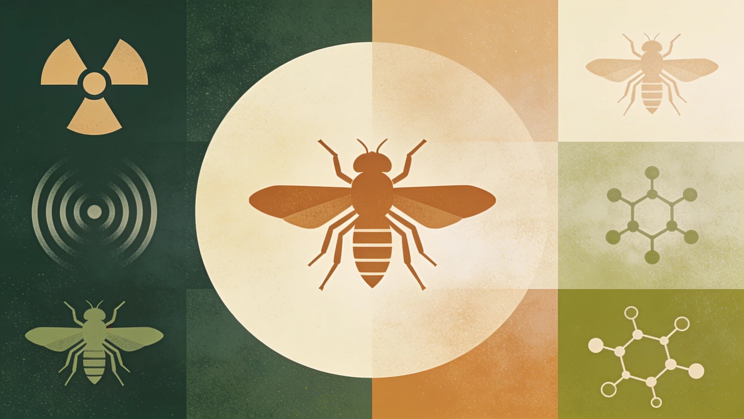 Abstract illustration of sterile insect technique with geometric fly silhouettes and radiation patterns in earthy green and amber tones