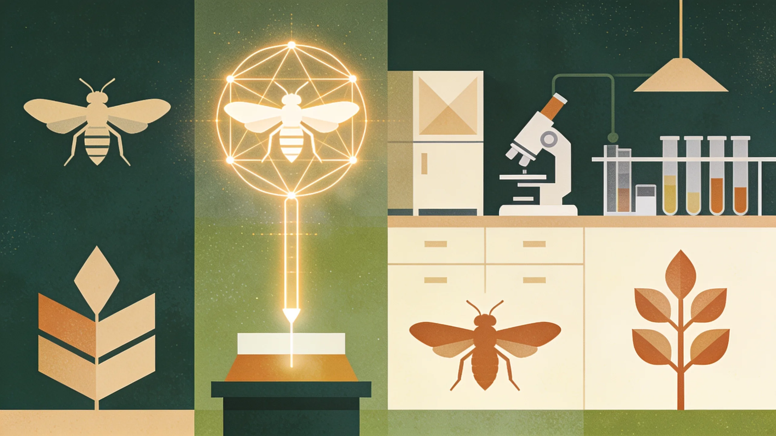 Abstract illustration of scientific research equipment and sterile insect technology with geometric shapes in forest green and amber tones
