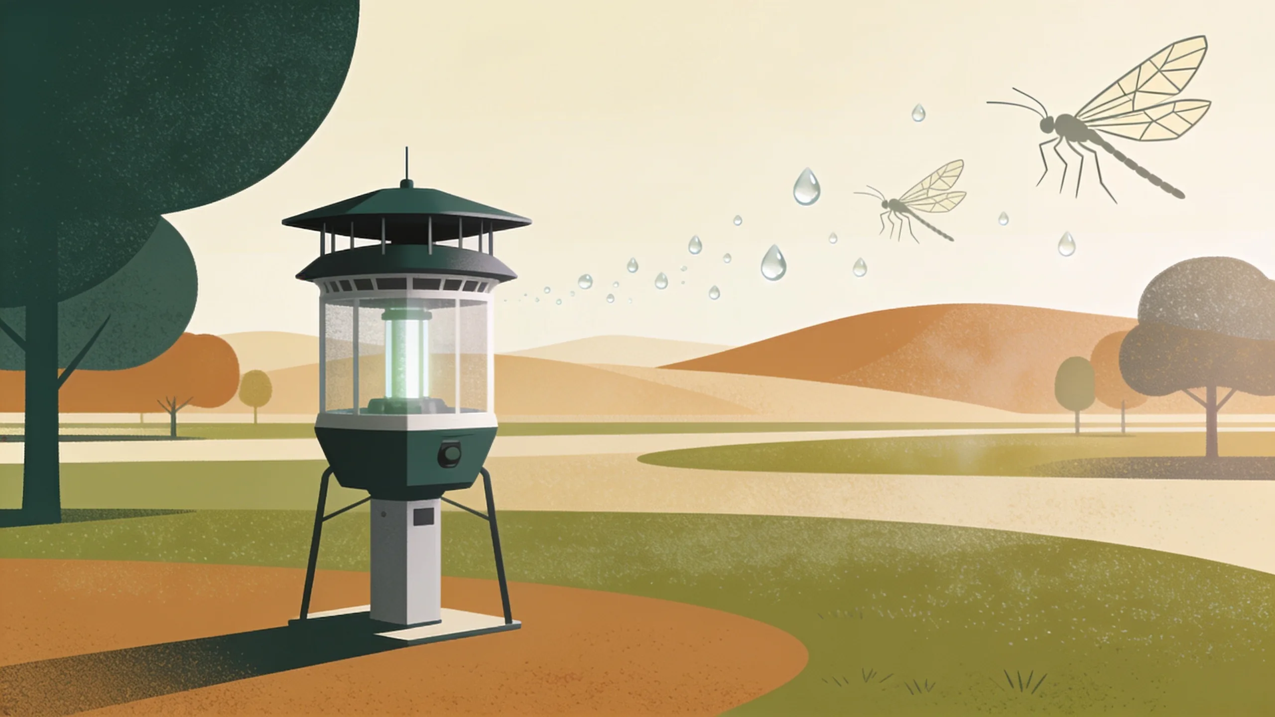Geometric illustration of mosquito surveillance trap in a park setting with water droplets and abstract wing patterns