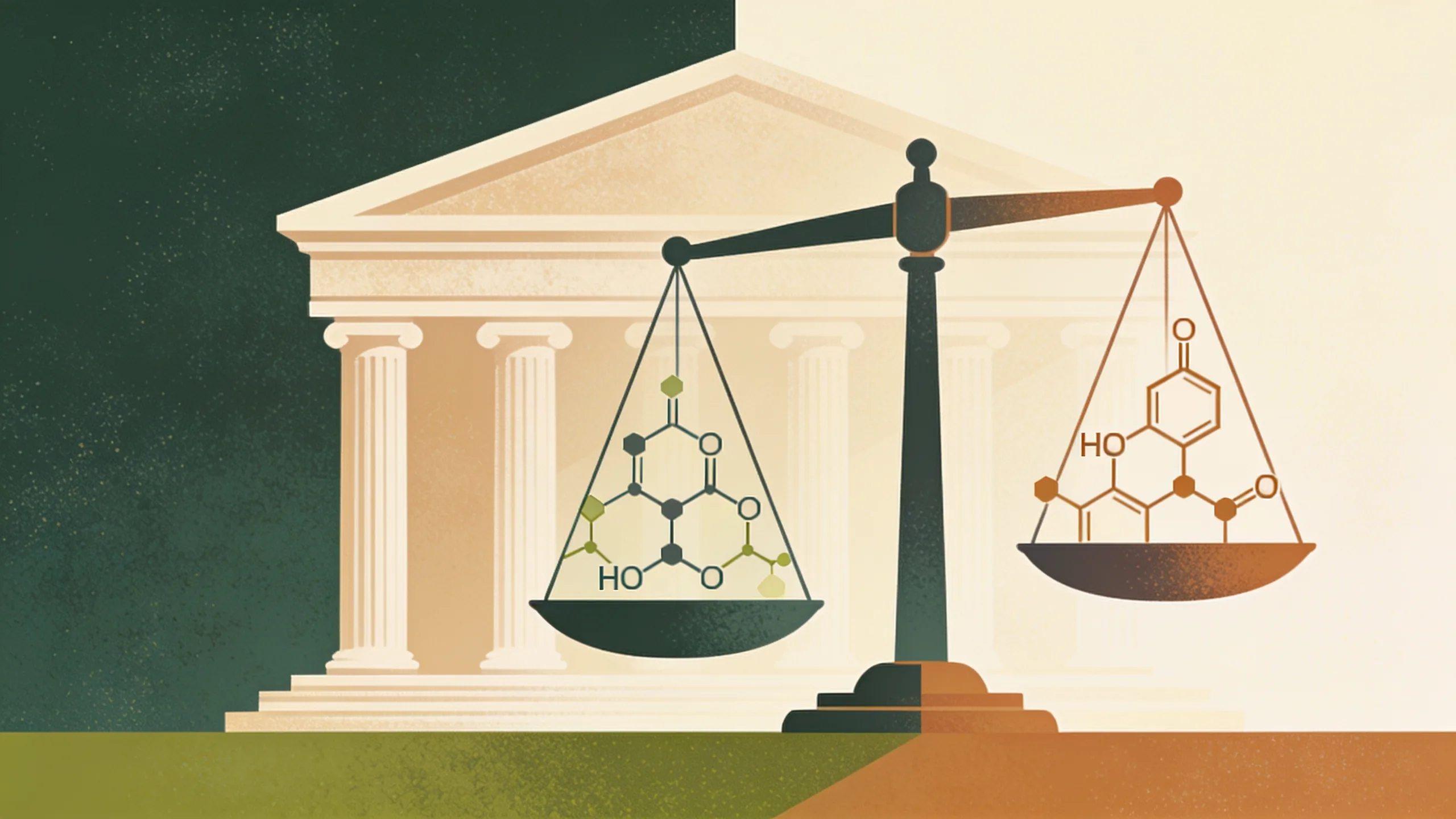 Abstract illustration of scales of justice with geometric molecular structures representing pesticide regulation and legal precedent