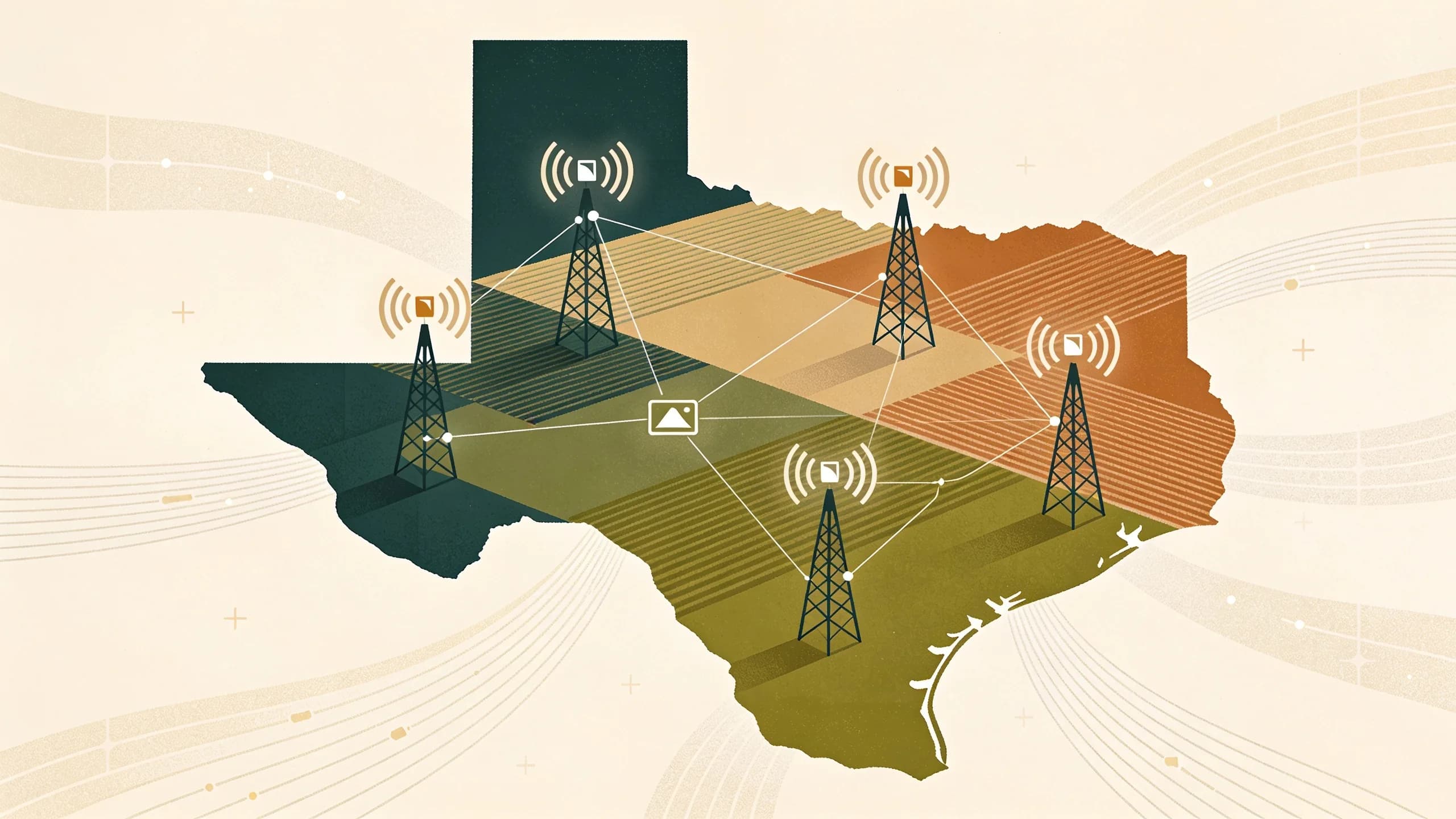 Abstract illustration of interconnected notification networks across Texas farmland with geometric shapes representing alert systems