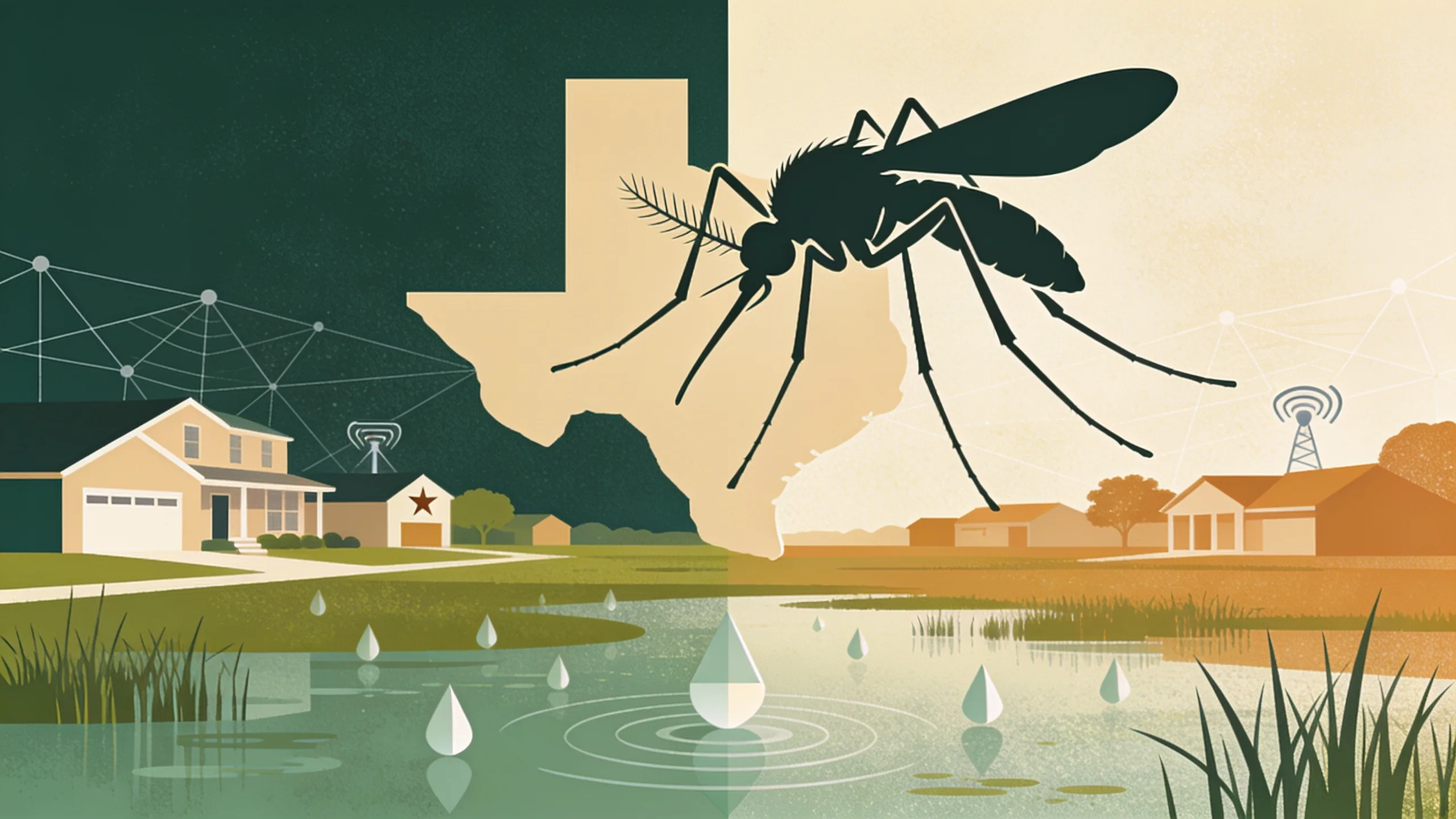 Abstract illustration of mosquito surveillance in a suburban Texas setting with geometric water droplets and marsh landscape elements