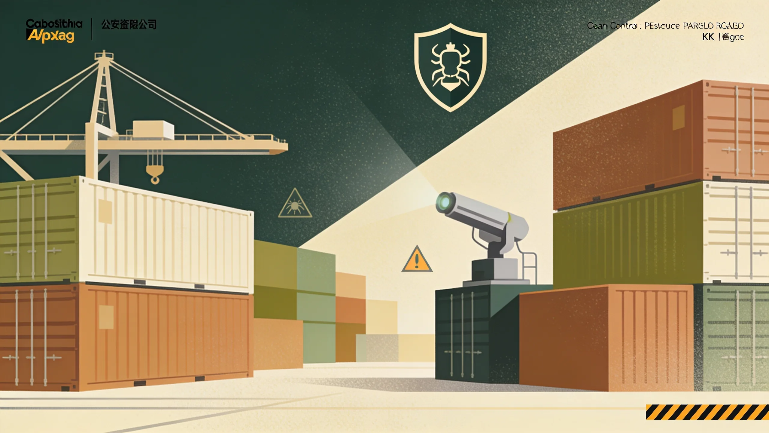 Abstract geometric illustration of shipping containers and regulatory shield symbols in muted olive and amber tones