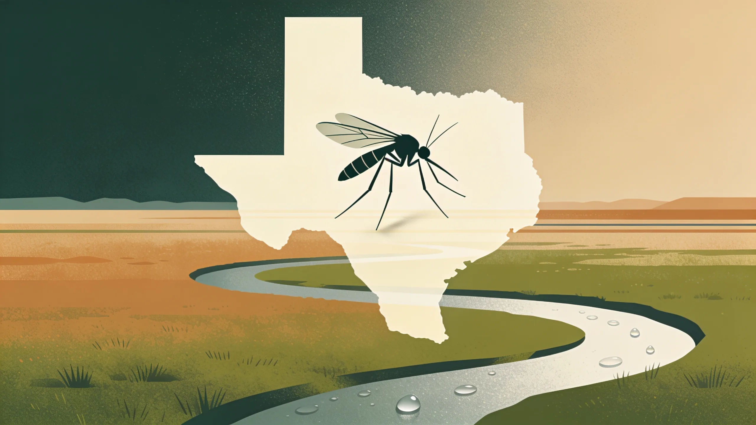 Geometric illustration of mosquito silhouette over abstract North Texas landscape with water droplets