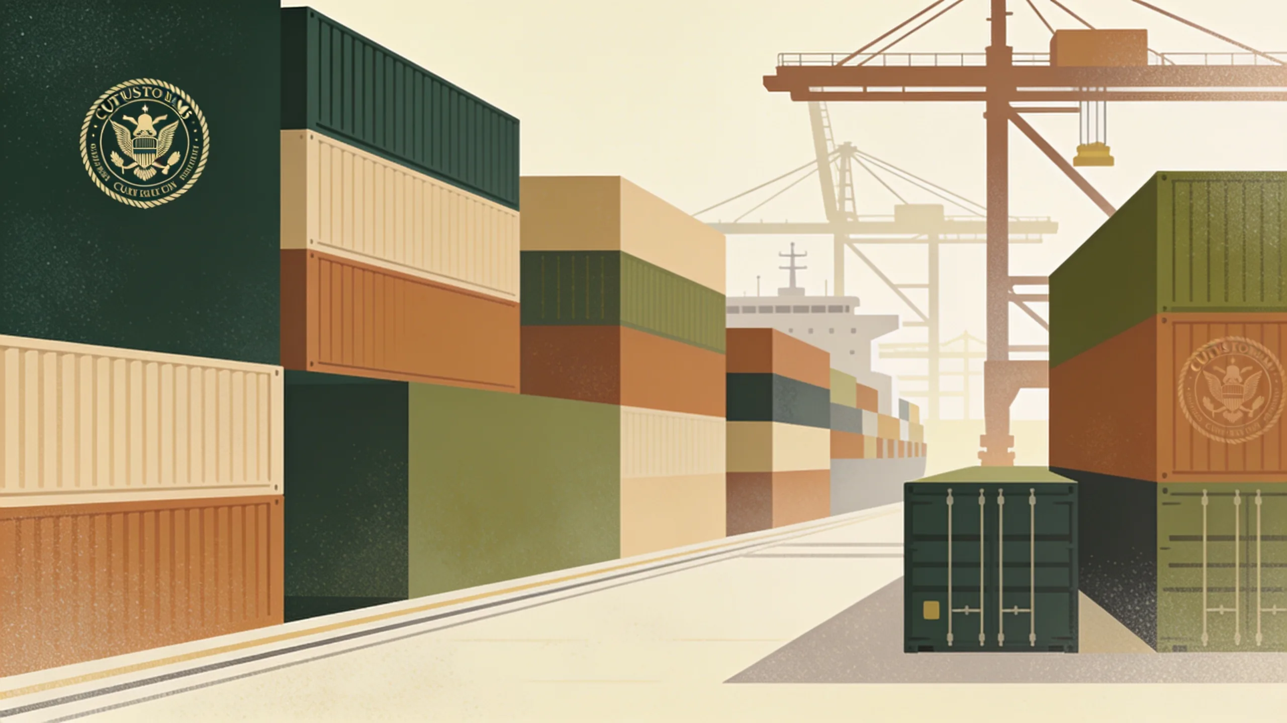 Shipping containers at port with customs inspection overlay, representing EPA crackdown on smuggled pesticides