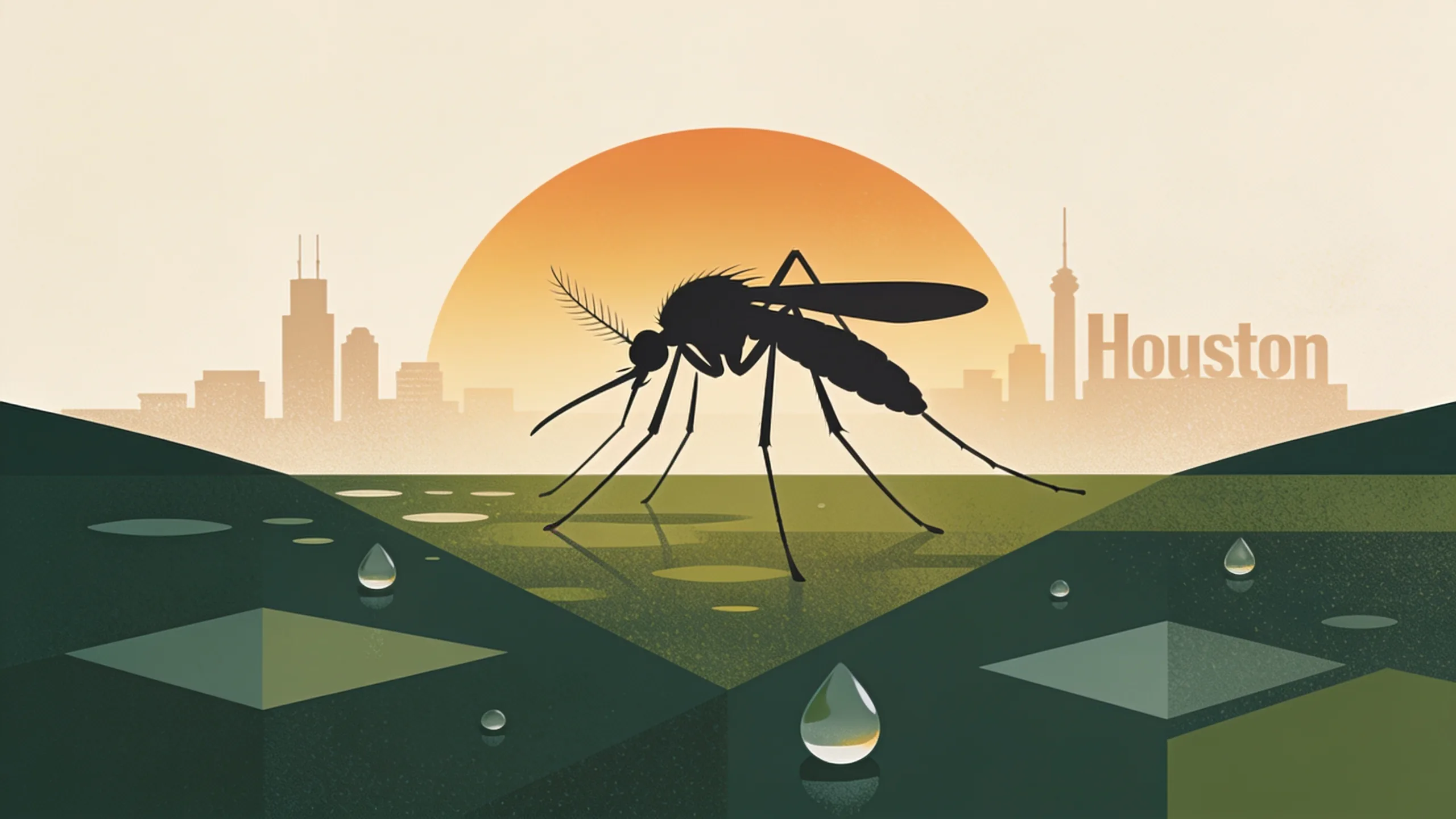 Mosquito silhouette against sunset sky with Houston skyline in background, representing West Nile virus season