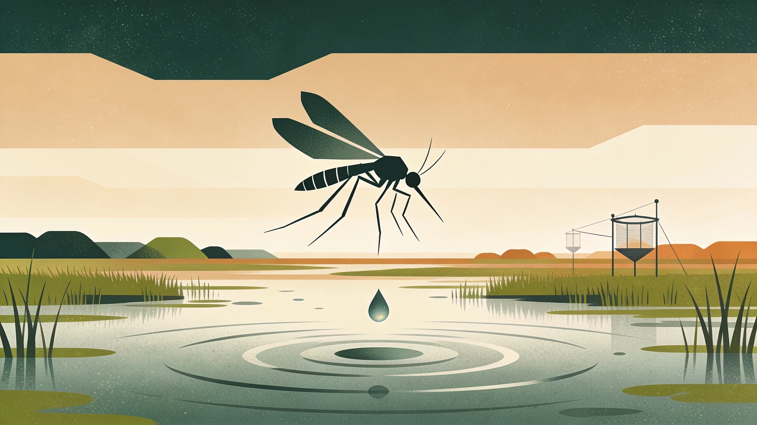 Abstract illustration of mosquito surveillance in Central Texas with geometric water droplets and marsh landscape elements