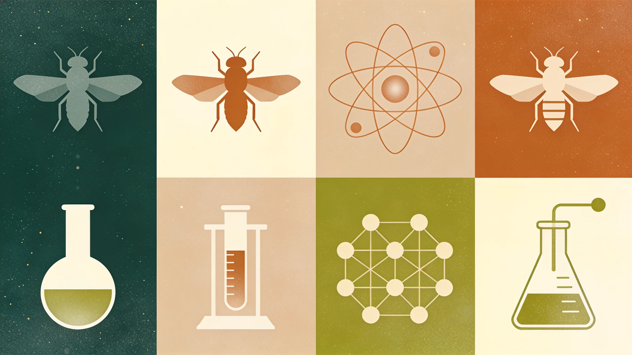 Abstract scientific research concept with geometric fly silhouettes and electron beam patterns representing sterile insect technique